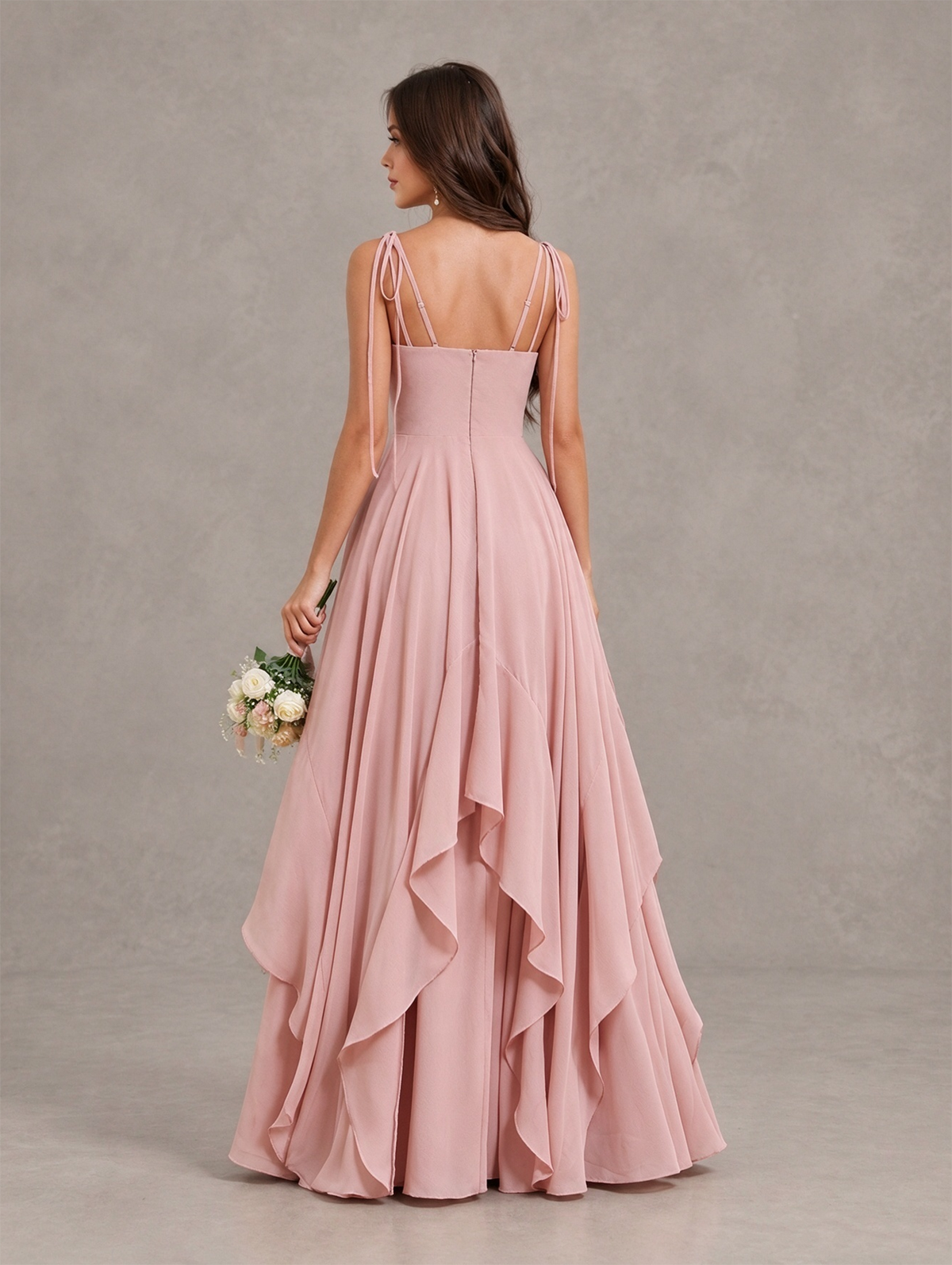 BOLODOO Dusty Rose Tie-Strap Ruffle A-Line Bridesmaid Dress 