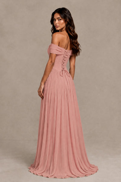 BOLODOO Dusty Rose Off-Shoulder Sweetheart Corset Pleated Chiffon Maxi Dress 
