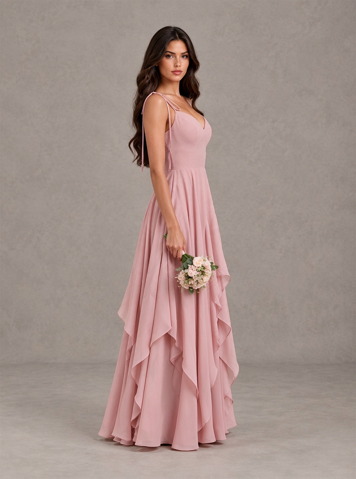 BOLODOO Dusty Rose Tie-Strap Ruffle A-Line Bridesmaid Dress 