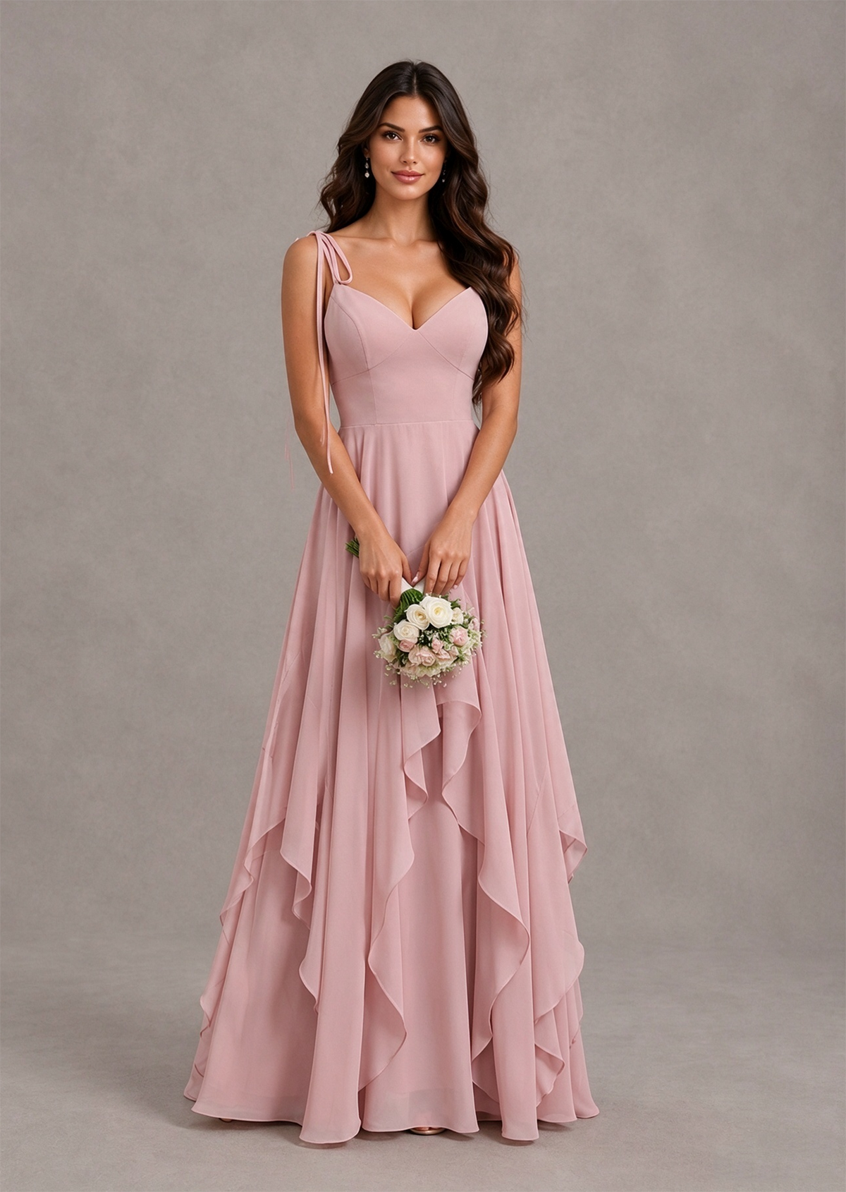 BOLODOO Dusty Rose Tie-Strap Ruffle A-Line Bridesmaid Dress 