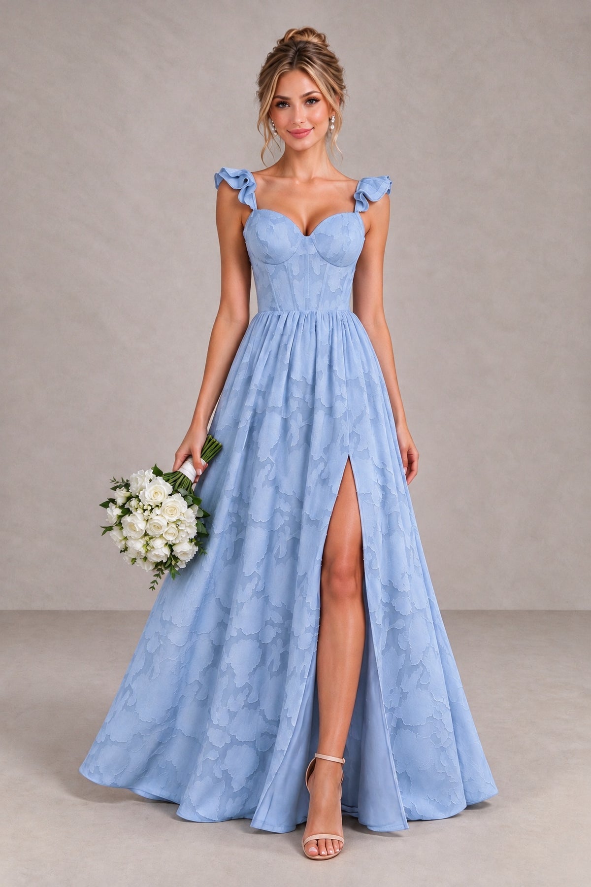 Dusty blue sweetheart floor-length bridesmaid dress front view styled with bouquet