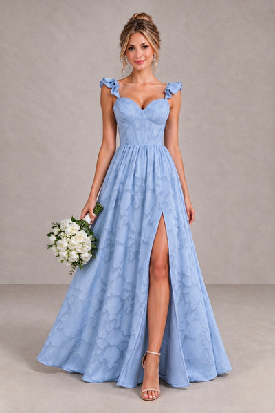 Dusty blue sweetheart floor-length bridesmaid dress front view styled with bouquet