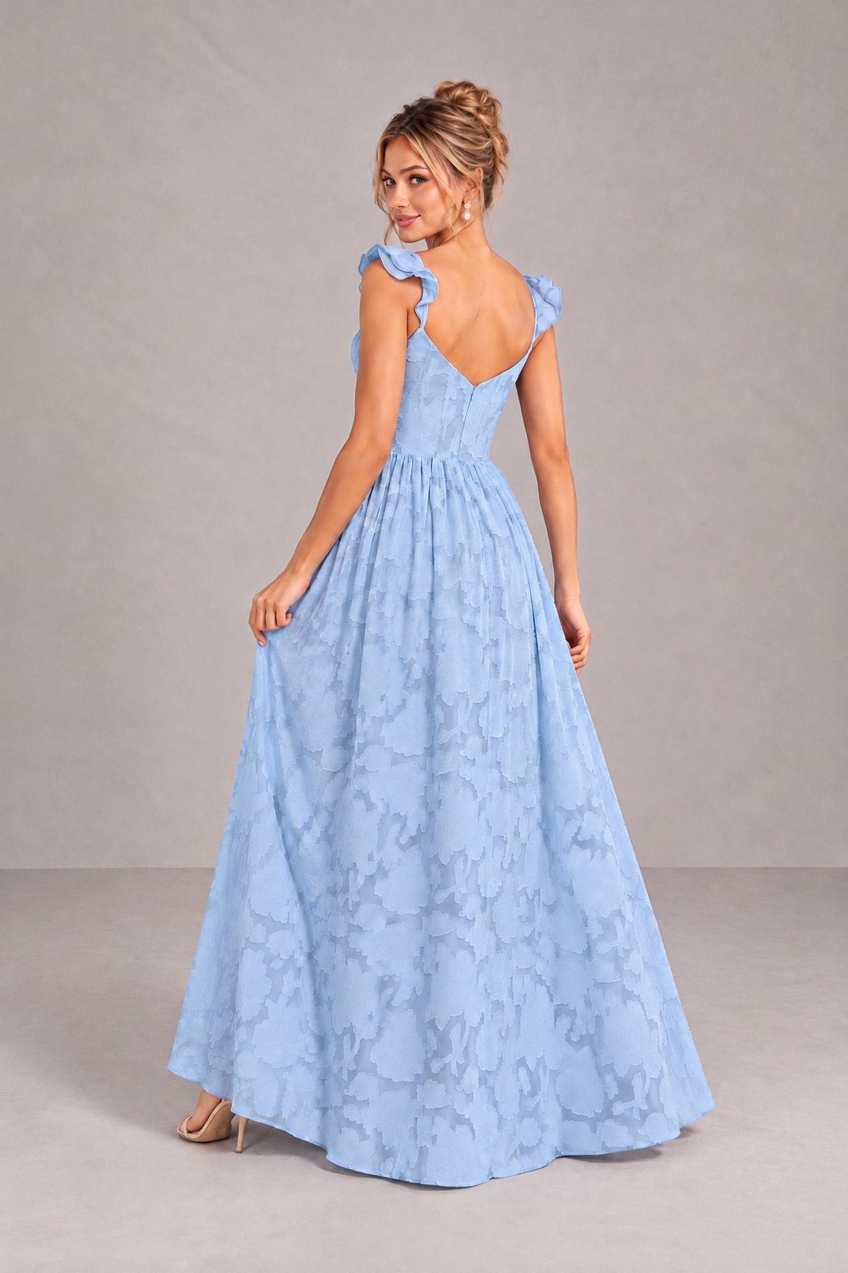 Dusty blue A-line dress back view showing low V-back and gathered floor-length skirt