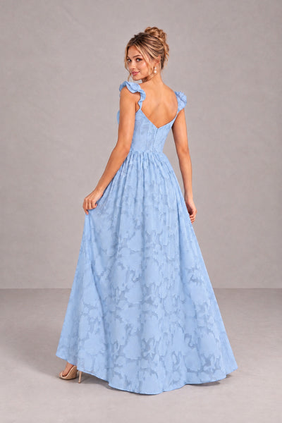 Dusty blue A-line dress back view showing low V-back and gathered floor-length skirt