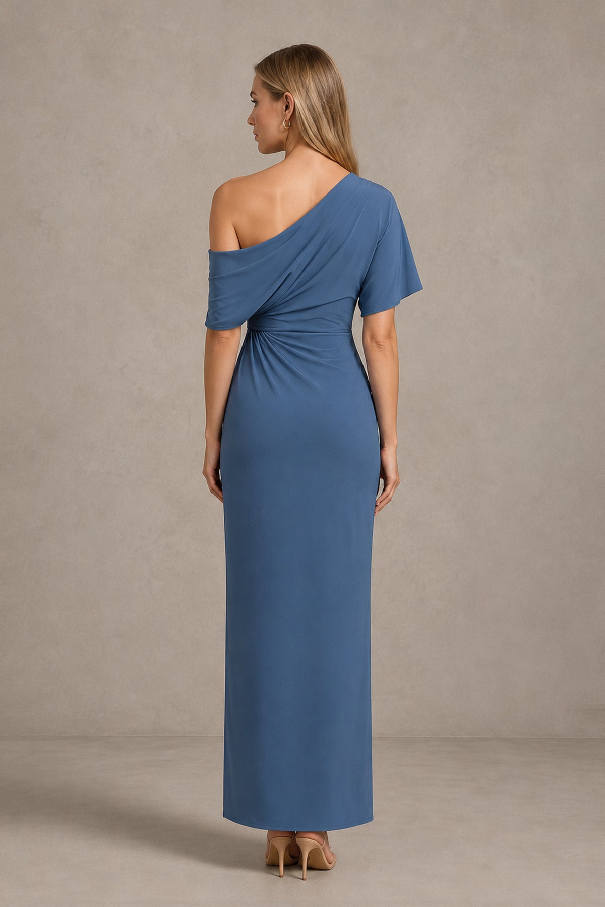 Back view of BOLODOO dusty blue one-shoulder draped satin-look maxi dress
