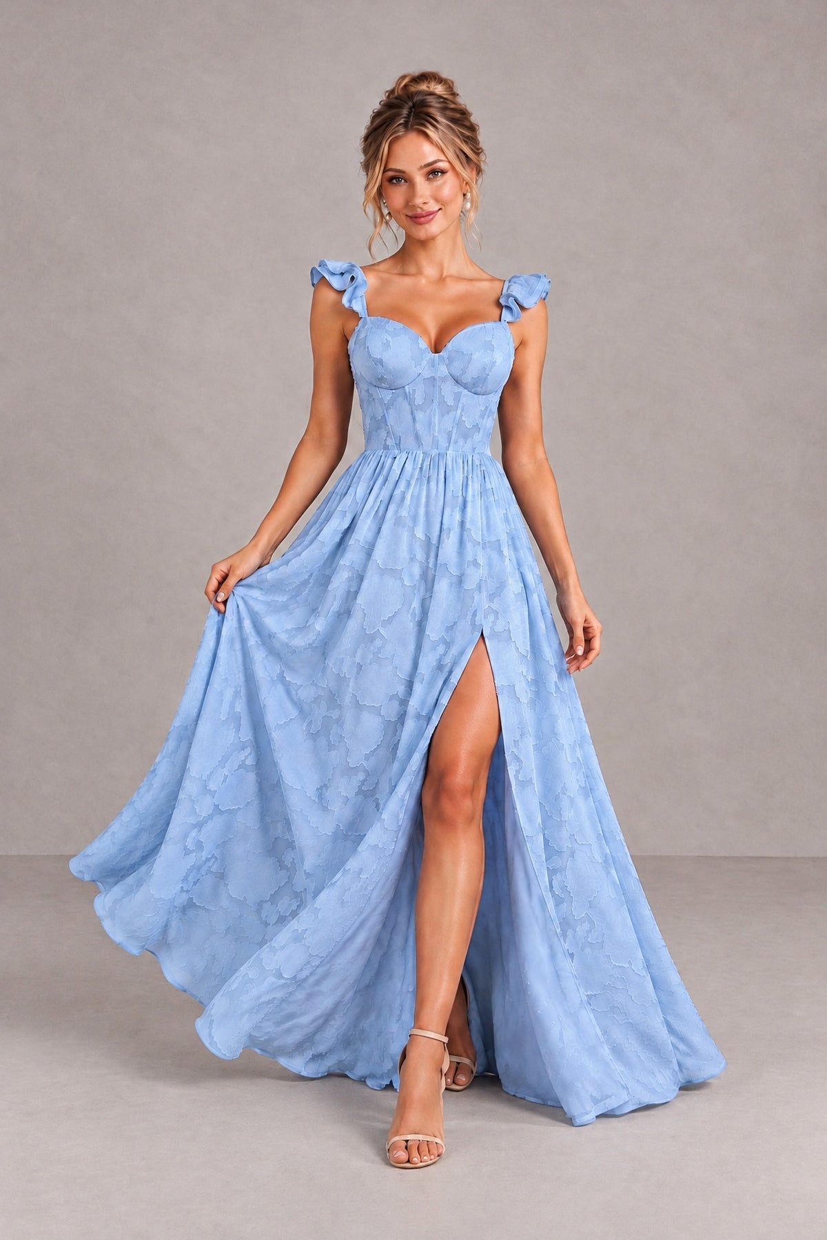 BOLODOO dusty blue floral A-line gown front view with ruffle straps and high slit