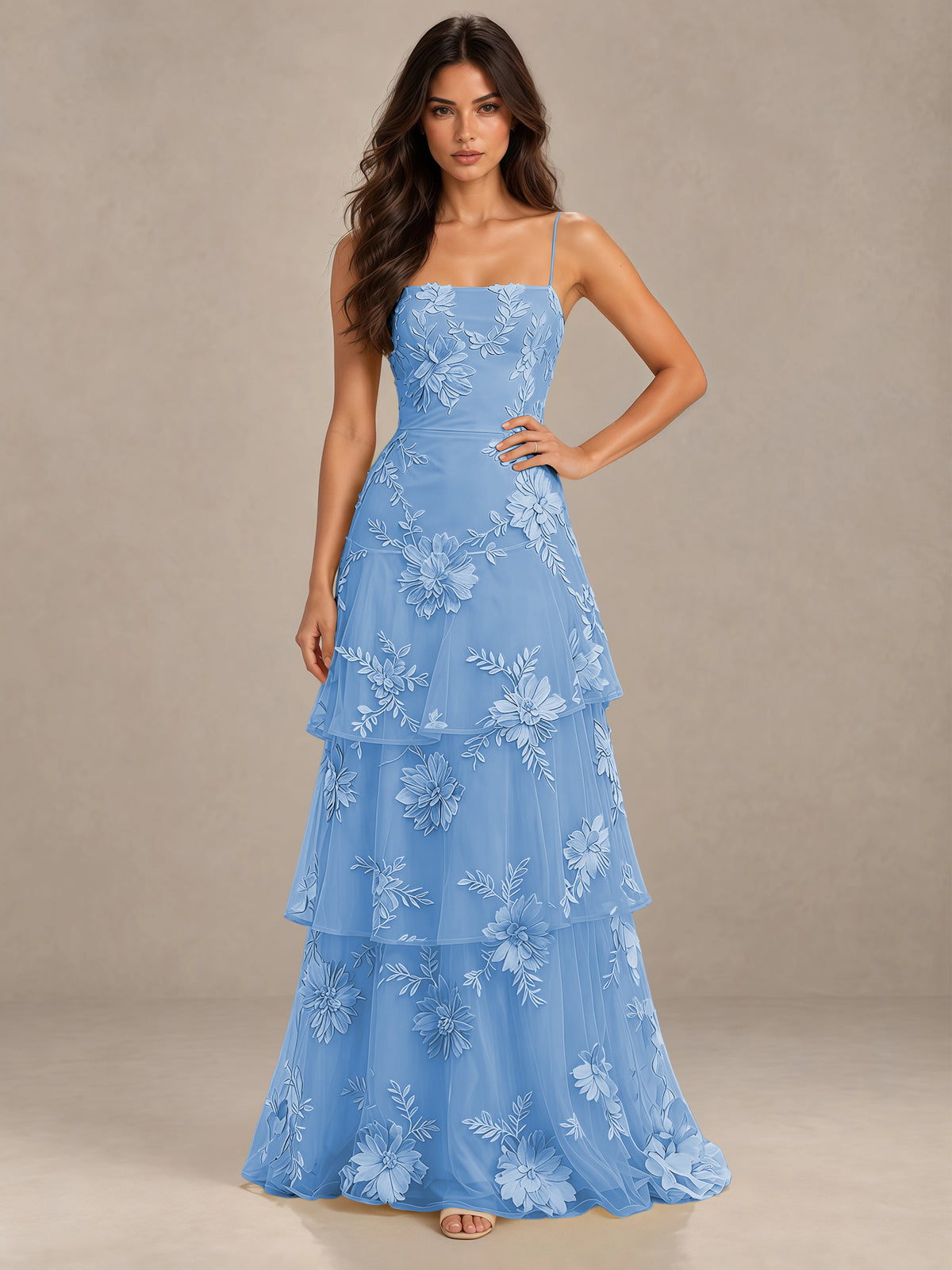 BOLODOO Dusty Blue Floral Applique Tiered Prom Dress with Lace-Up Back - Dusty Blue - Dusty Blue-1