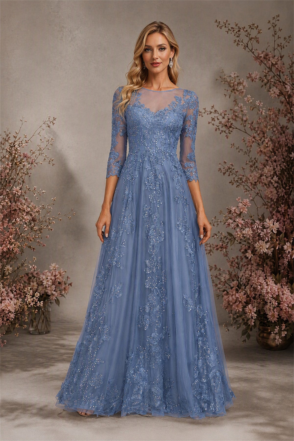 BOLODOO Dusty Blue Sequin Lace 3/4 Sleeve Open Back Formal Evening Gown - Dusty Blue