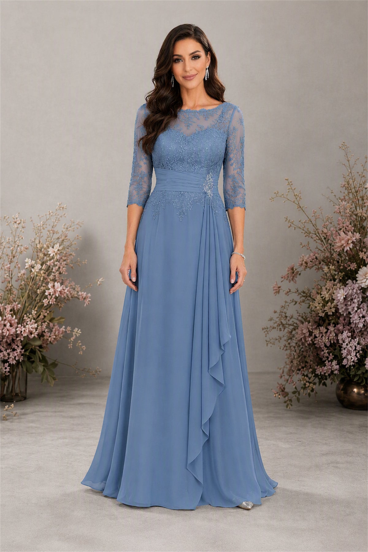 BOLODOO Dusty Blue Chiffon Lace 3/4 Sleeve Floor Length Formal Evening Gown - Dusty Blue - Dusty Blue