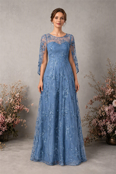 BOLODOO Dusty Blue Sequin Lace Cape Sleeve Formal Evening Gown - Dusty Blue