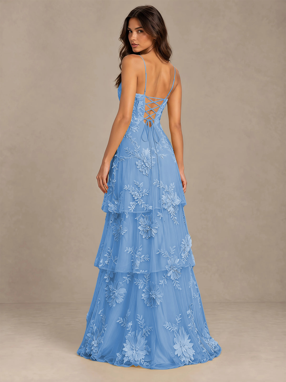 BOLODOO Dusty Blue Floral Applique Tiered Prom Dress with Lace-Up Back - Dusty Blue - Dusty Blue-2