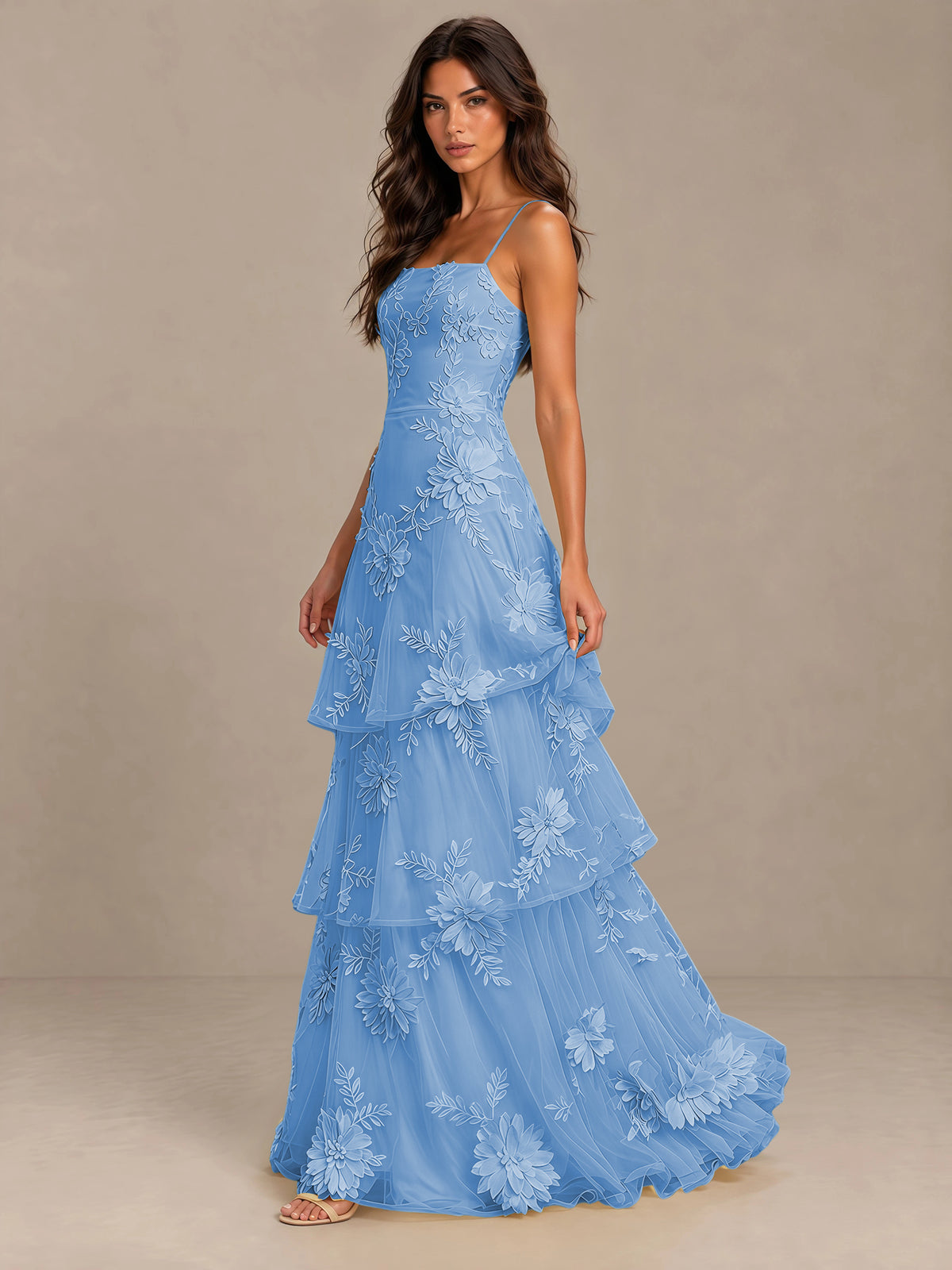 BOLODOO Dusty Blue Floral Applique Tiered Prom Dress with Lace-Up Back - Dusty Blue - Dusty Blue-3