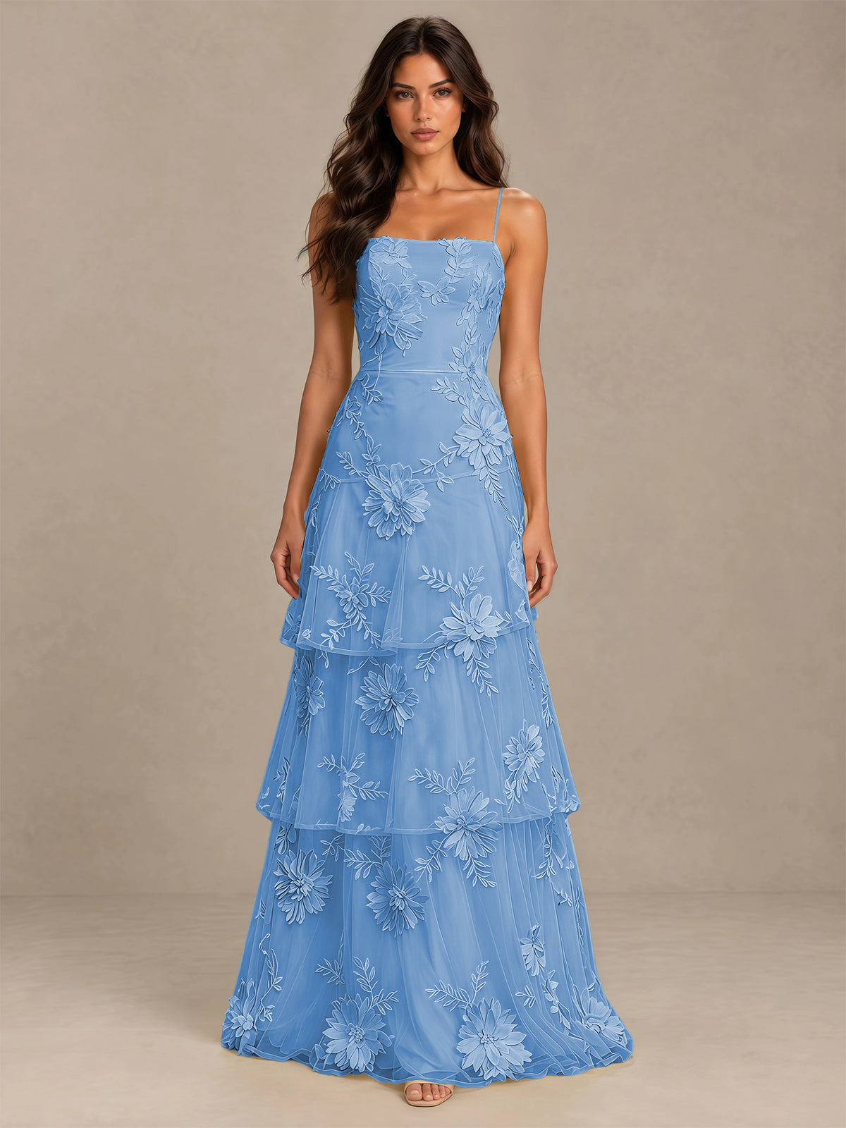 BOLODOO Dusty Blue Floral Applique Tiered Prom Dress with Lace-Up Back - Dusty Blue - Dusty Blue-4