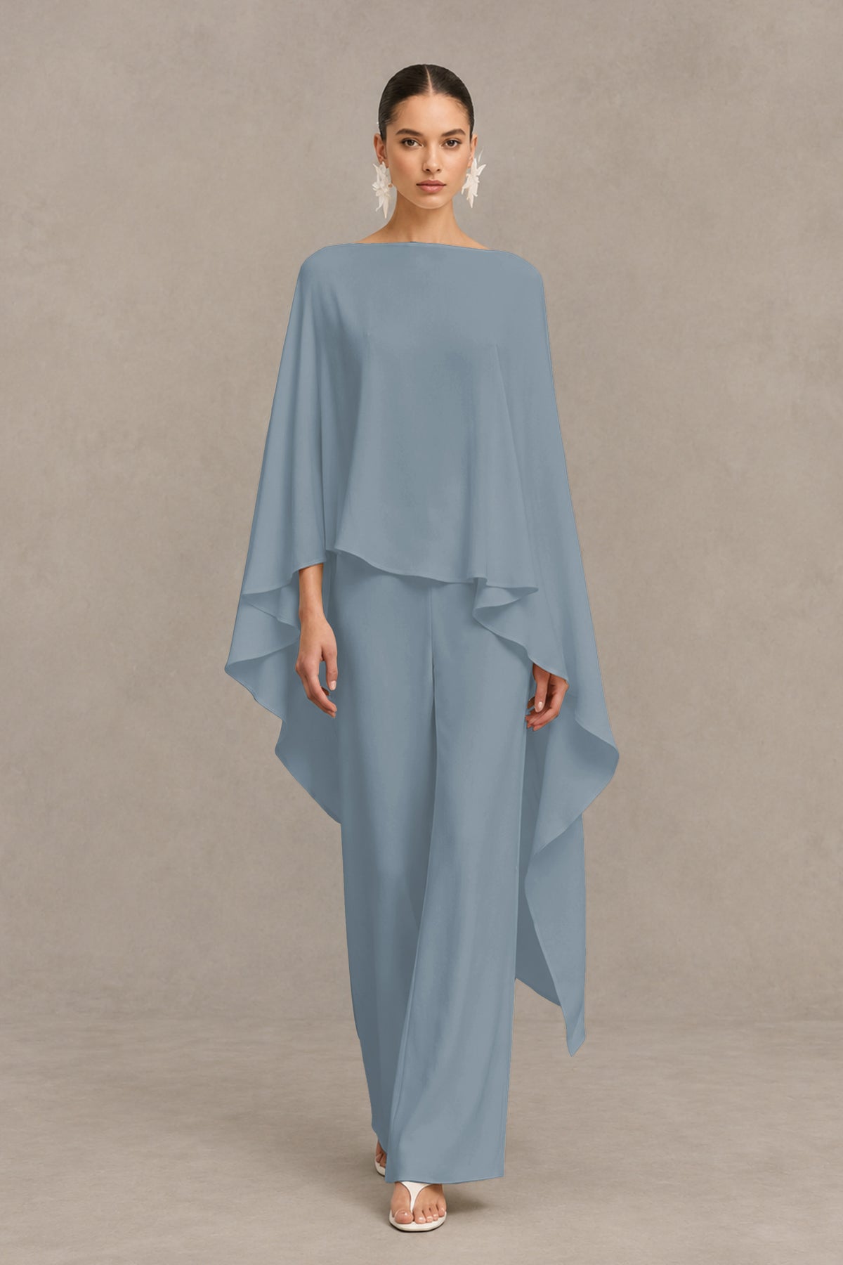 BOLODOO Dusty Blue Cape Sleeve Wide-Leg Formal Pantsuit - Dusty Blue - Dusty Blue_01