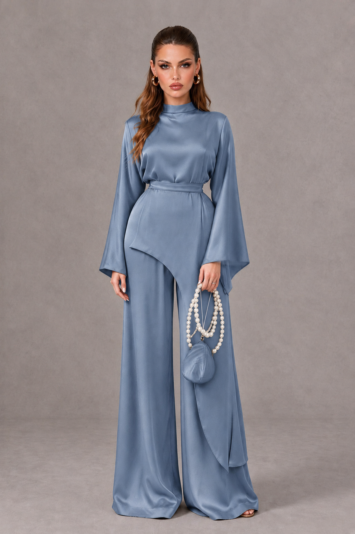 BOLODOO Dusty Blue Satin-Look Long Sleeve Wide-Leg Jumpsuit - Dusty Blue - Dusty Blue_01