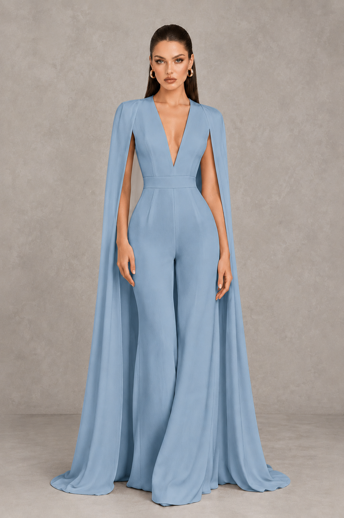 BOLODOO Dusty Blue Deep V-Neck Cape Sleeve Bridal Jumpsuit - Dusty Blue - Dusty Blue_01