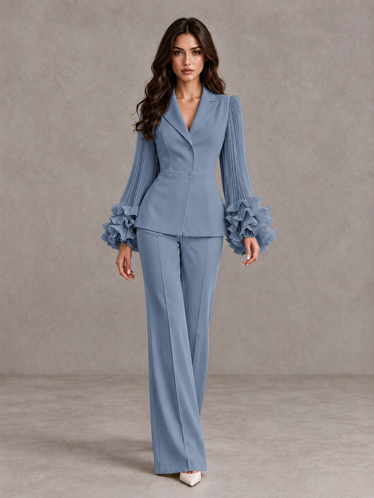 BOLODOO Dusty Blue Mother of the Bride Pant Suit – Pleated Long Sleeve Ruffle Cuff Wide Leg Trouser Suit - Dusty Blue - Dusty Blue_01