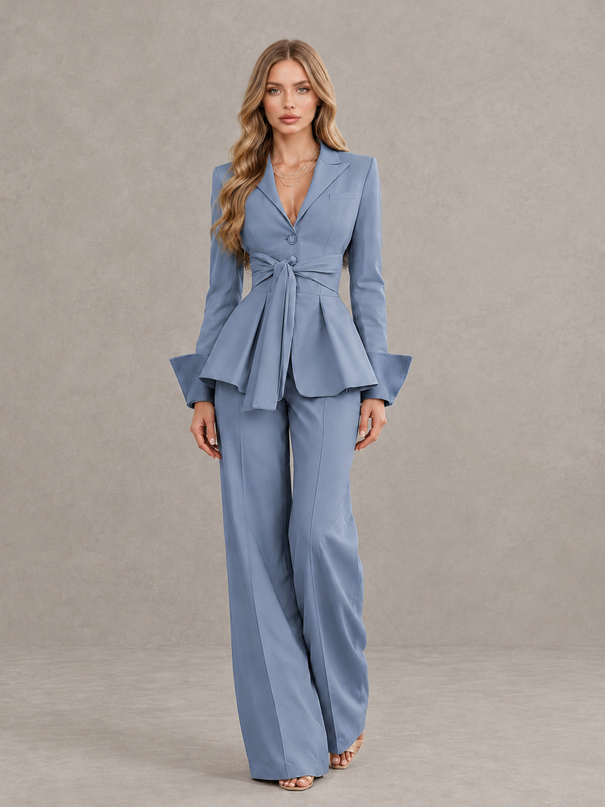 BOLODOO Dusty Blue Belted Peplum Pantsuit with Long Sleeves & Wide-Leg Trousers - Dusty Blue - Dusty Blue_01