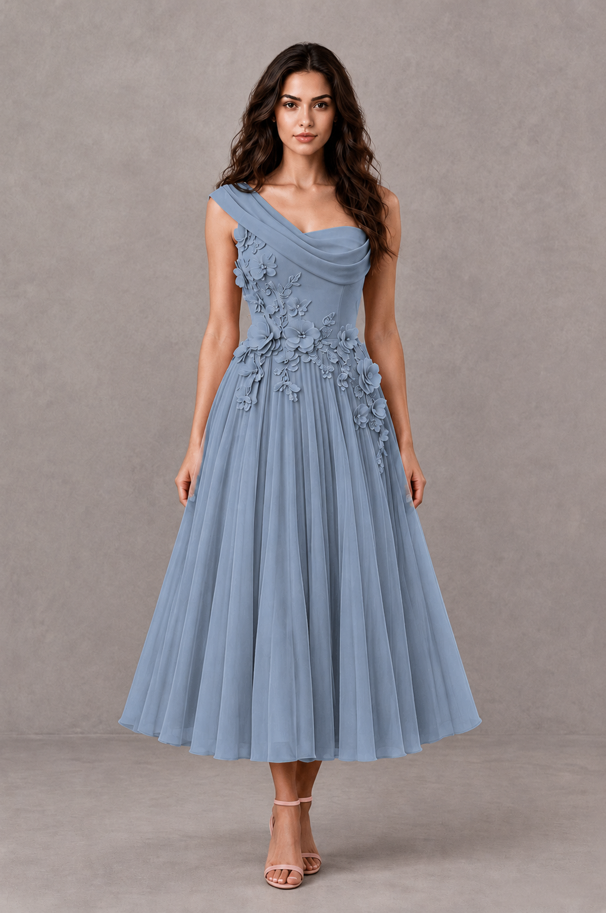 BOLODOO Dusty Blue One-Shoulder Floral Tulle Tea-Length Dress - Dusty Blue - Dusty Blue_01