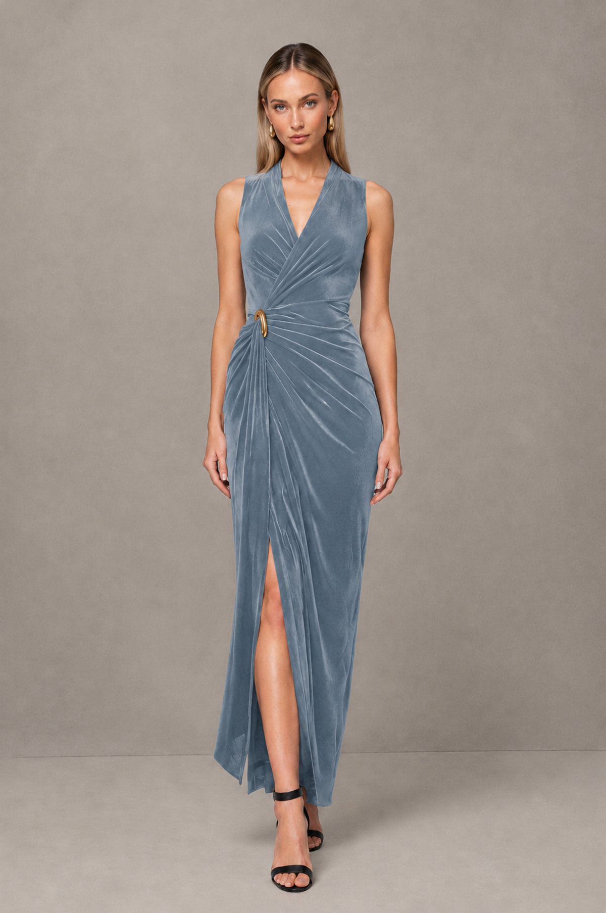 BOLODOO Dusty Blue Velvet-Look Sleeveless V-Neck Ruched Slit Maxi Dress - Dusty Blue - Dusty Blue_01