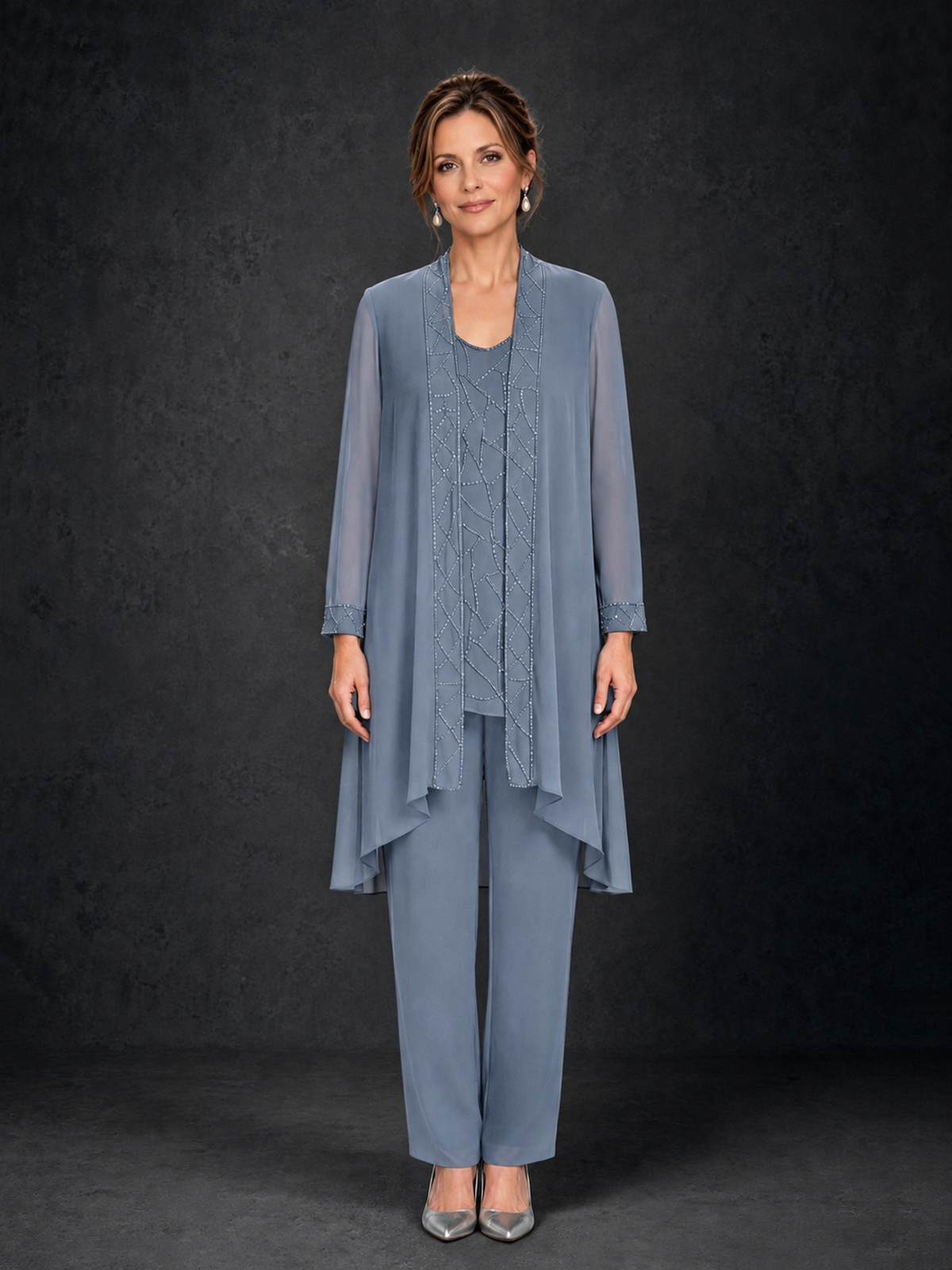 BOLODOO Dusty Blue 3-Piece Beaded Chiffon Duster Jacket Pant Suit - Dusty Blue - Dusty Blue_01