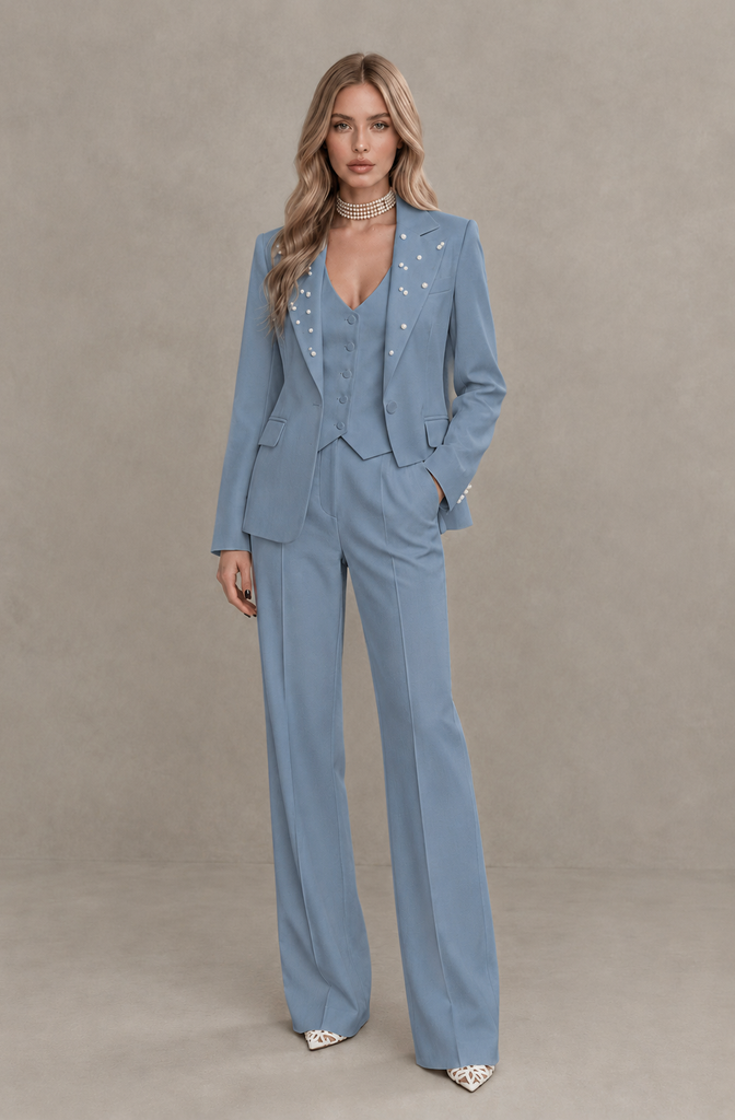 BOLODOO Dusty Blue Women's Three-Piece Pantsuit with Blazer & Vest - Dusty Blue - Dusty Blue_01