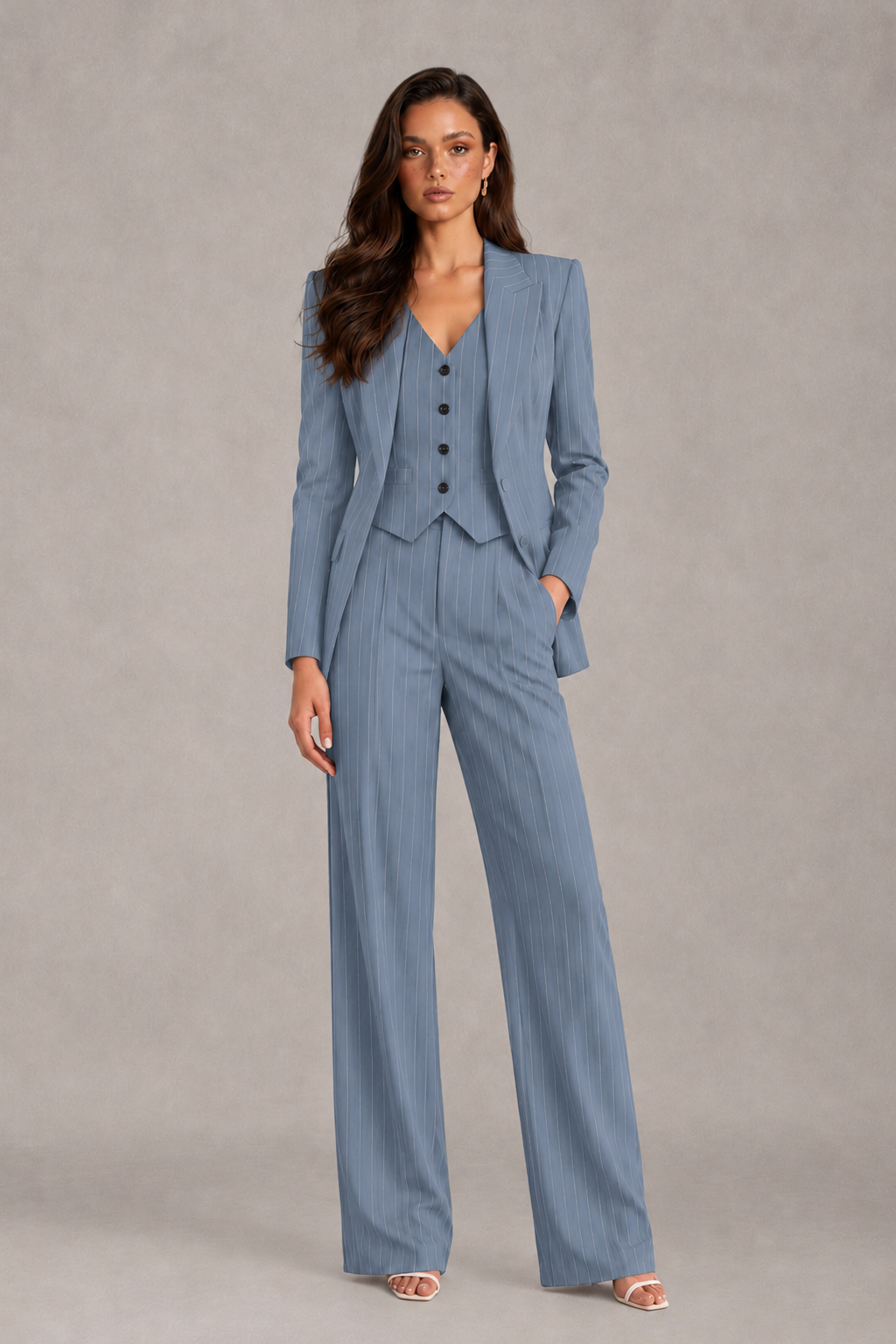 BOLODOO Women's Dusty Blue Pinstripe Three-Piece Pantsuit with Wide-Leg Trousers - Dusty Blue - Dusty Blue_01