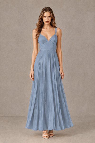 BOLODOO Dusty Blue V-Neck Pleated Open-Back Maxi Dress - Dusty Blue - Dusty Blue_01