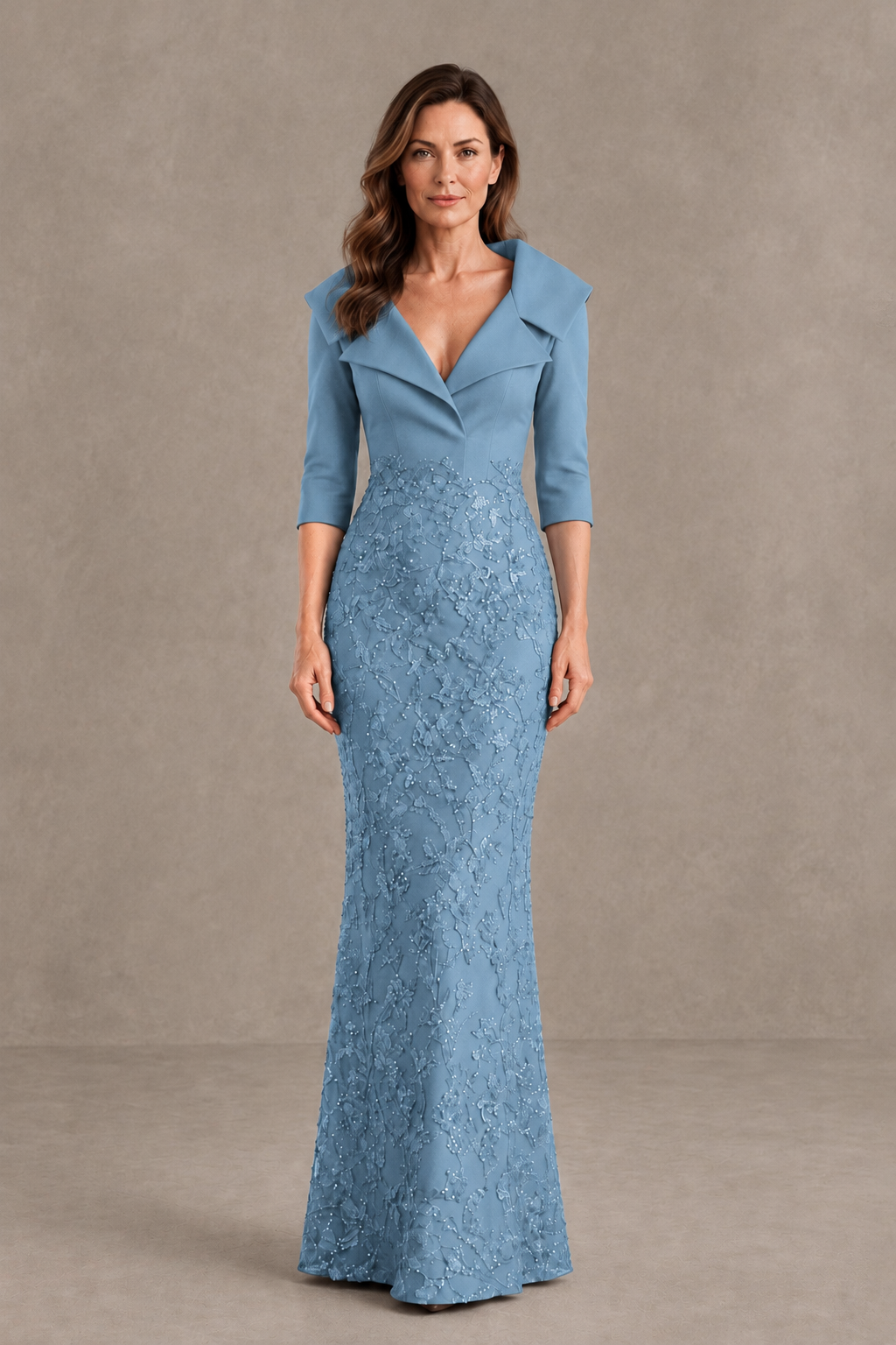 BOLODOO Dusty Blue Three-Quarter Sleeve Mermaid Evening Dress with Floral Detail - Dusty Blue - Dusty Blue_01