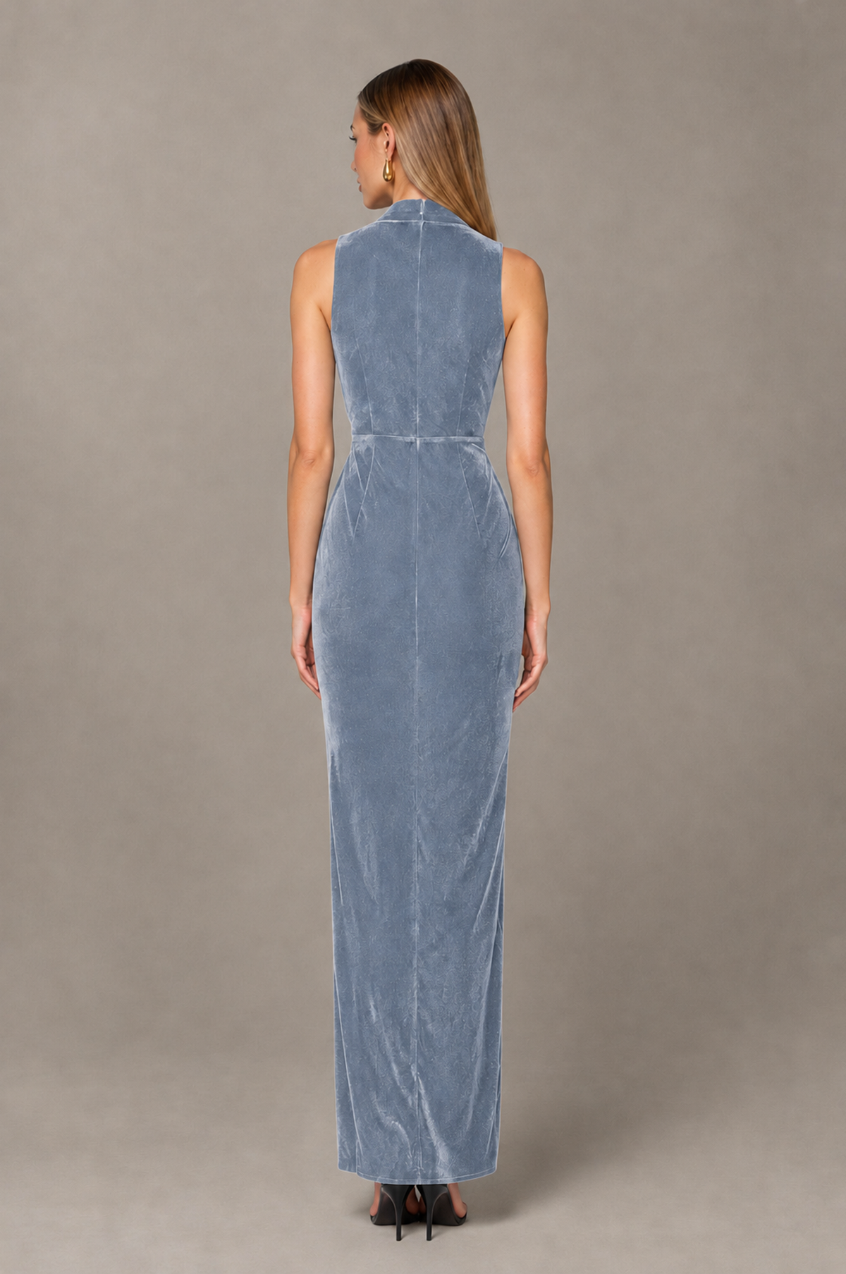 BOLODOO Dusty Blue Velvet-Look Sleeveless V-Neck Ruched Slit Maxi Dress - Dusty Blue - Dusty Blue_02