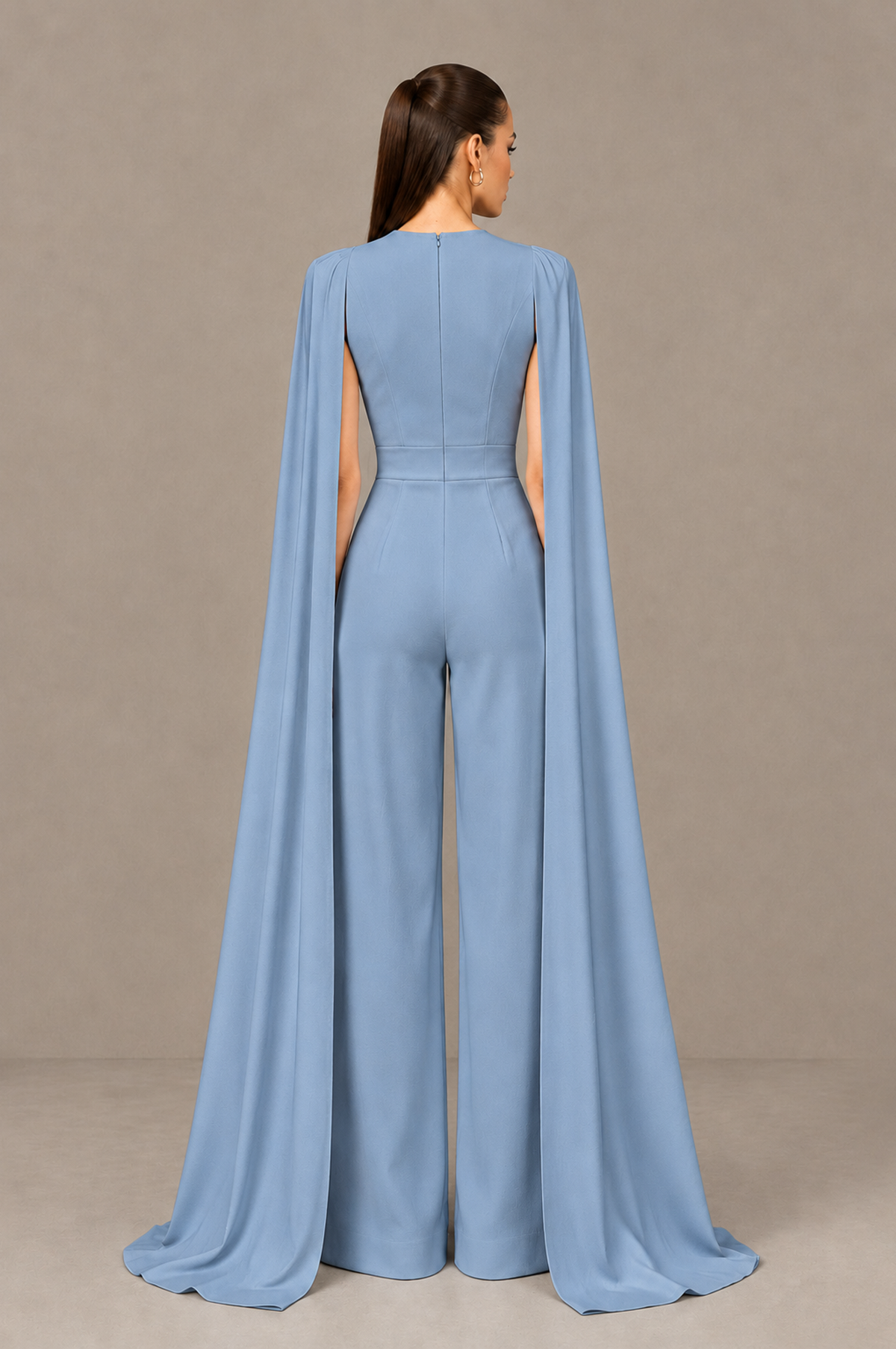 BOLODOO Dusty Blue Deep V-Neck Cape Sleeve Bridal Jumpsuit - Dusty Blue - Dusty Blue_02