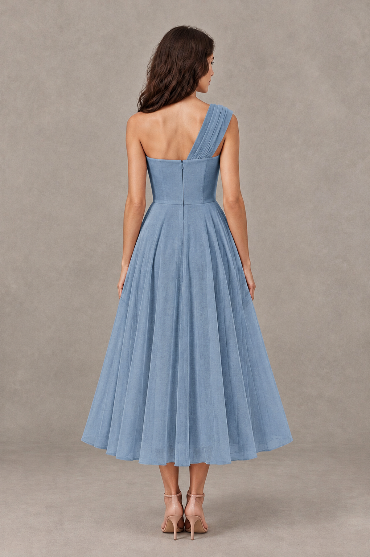 BOLODOO Dusty Blue One-Shoulder Floral Tulle Tea-Length Dress - Dusty Blue - Dusty Blue_02