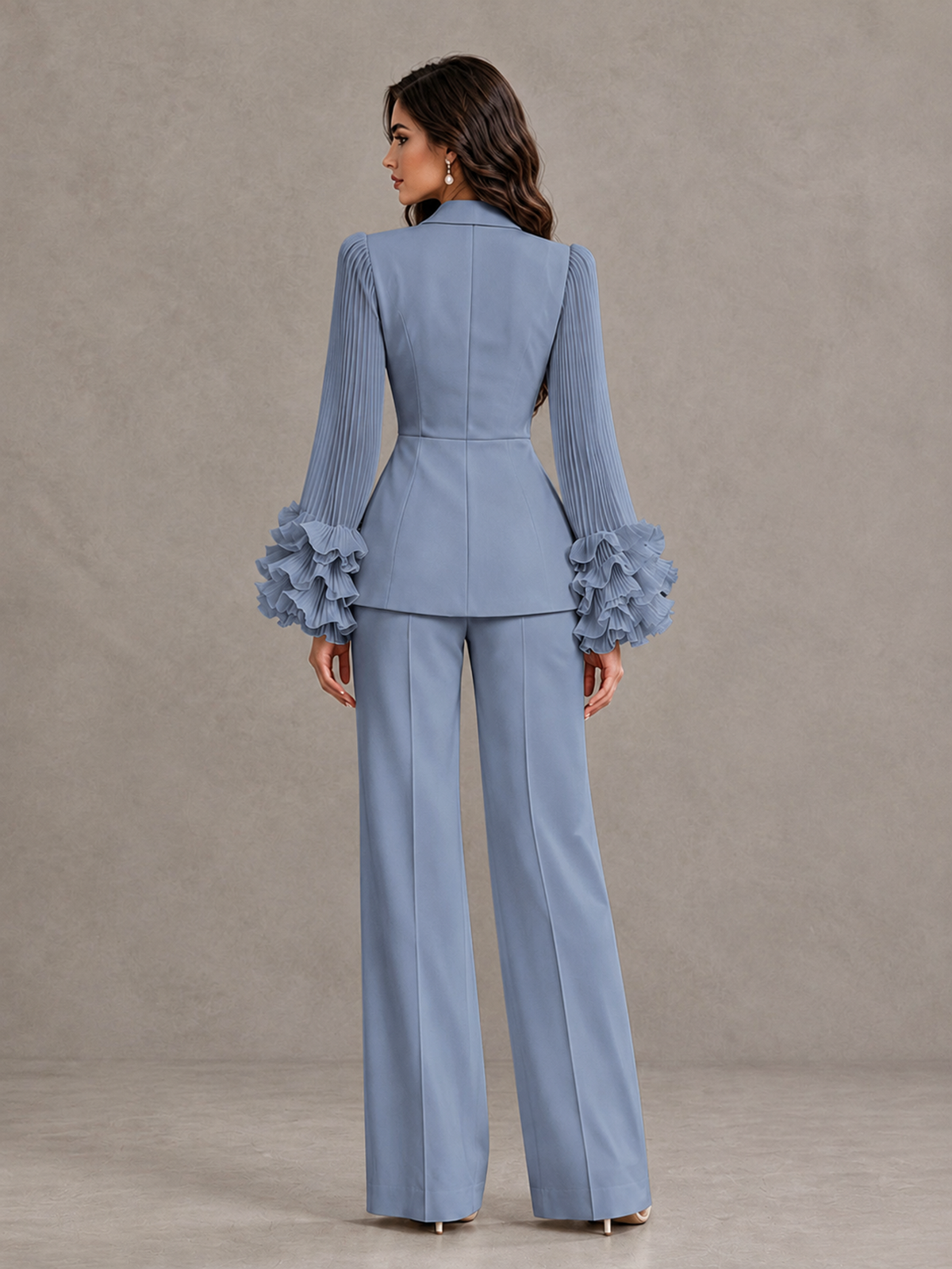 BOLODOO Dusty Blue Mother of the Bride Pant Suit – Pleated Long Sleeve Ruffle Cuff Wide Leg Trouser Suit - Dusty Blue - Dusty Blue_02