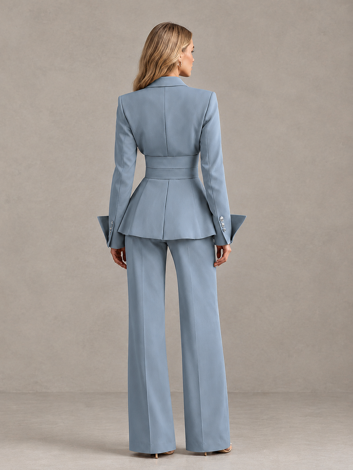 BOLODOO Dusty Blue Belted Peplum Pantsuit with Long Sleeves & Wide-Leg Trousers - Dusty Blue - Dusty Blue_02