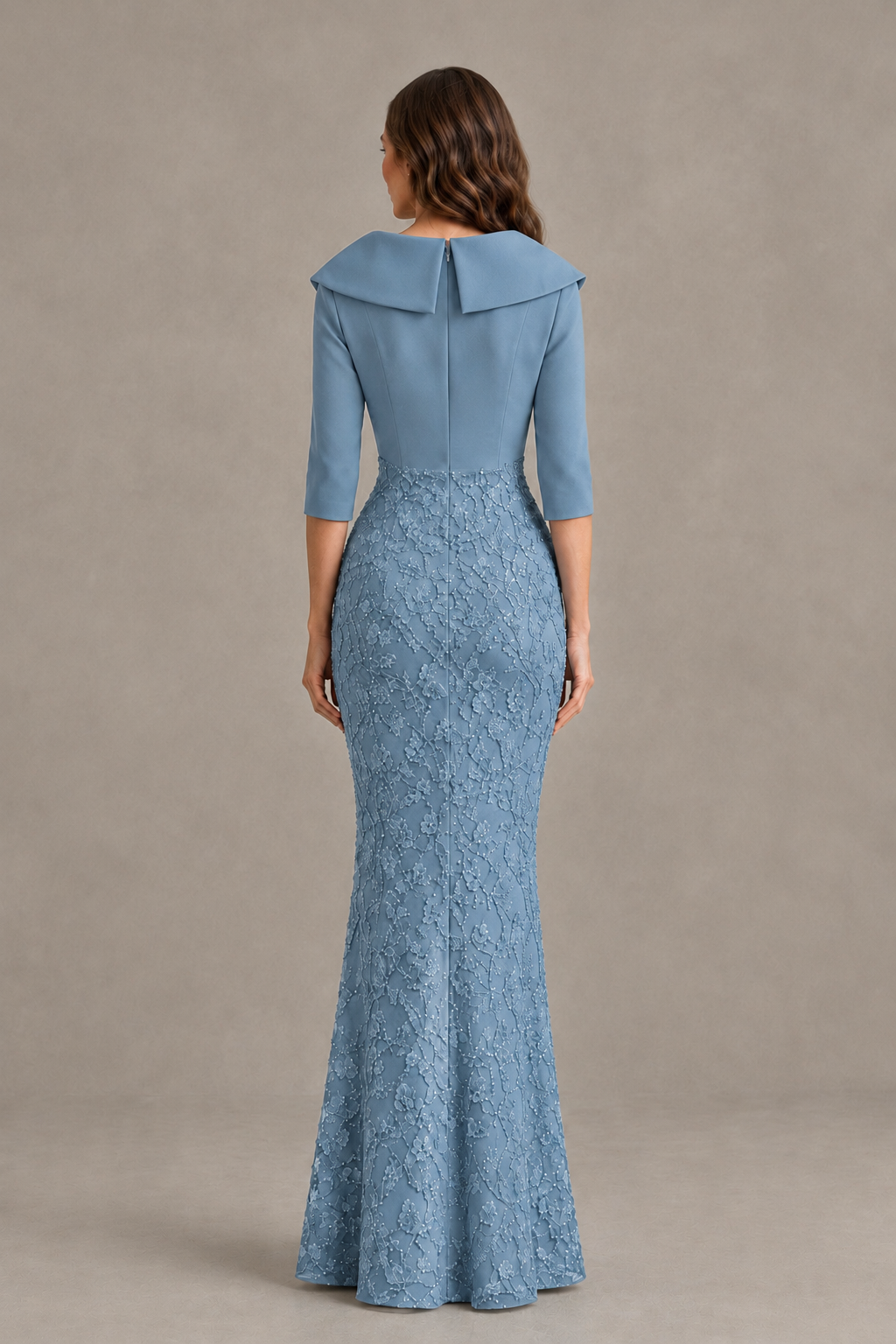 BOLODOO Dusty Blue Three-Quarter Sleeve Mermaid Evening Dress with Floral Detail - Dusty Blue - Dusty Blue_02