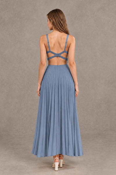 BOLODOO Dusty Blue V-Neck Pleated Open-Back Maxi Dress - Dusty Blue - Dusty Blue_02