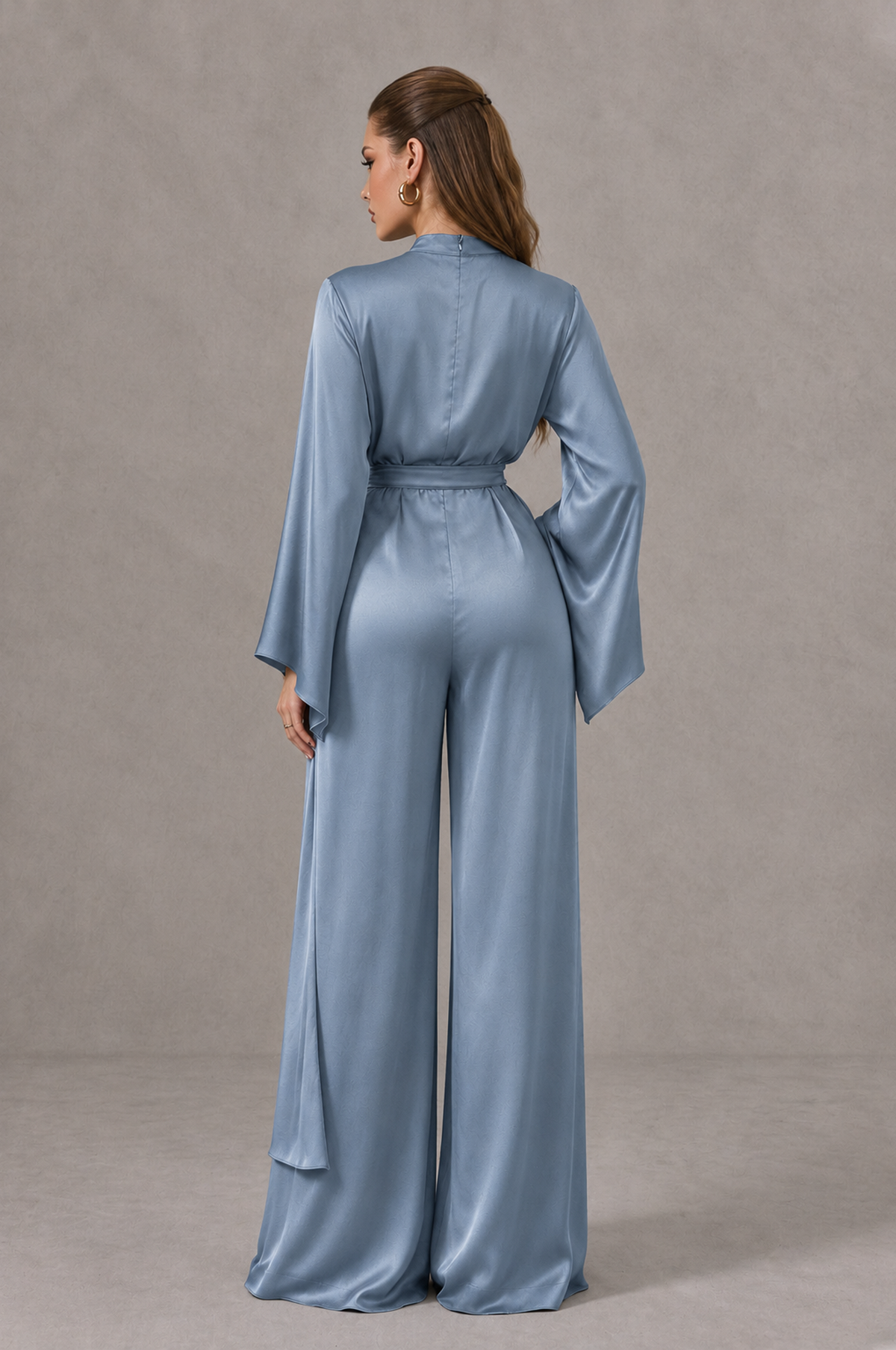 BOLODOO Dusty Blue Satin-Look Long Sleeve Wide-Leg Jumpsuit - Dusty Blue - Dusty Blue_02