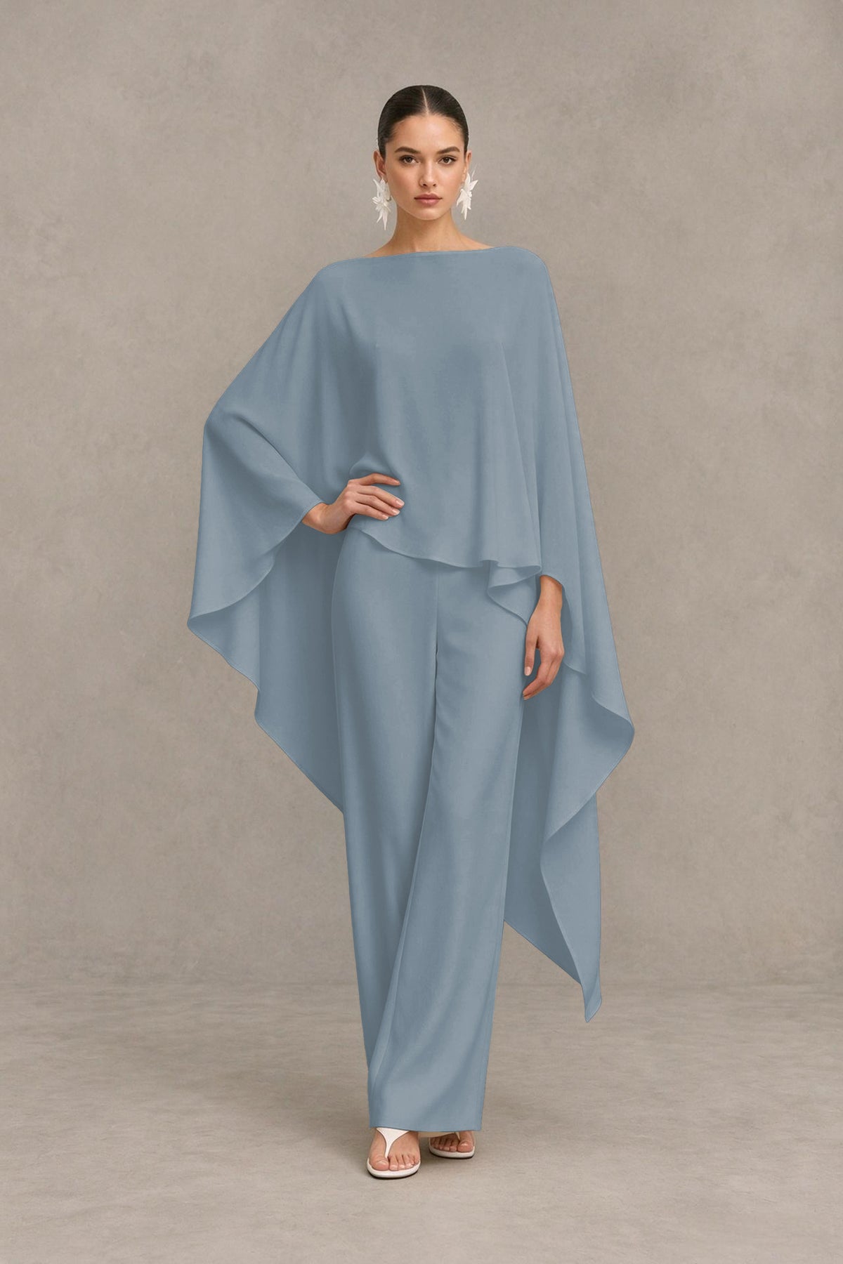 BOLODOO Dusty Blue Cape Sleeve Wide-Leg Formal Pantsuit - Dusty Blue - Dusty Blue_03