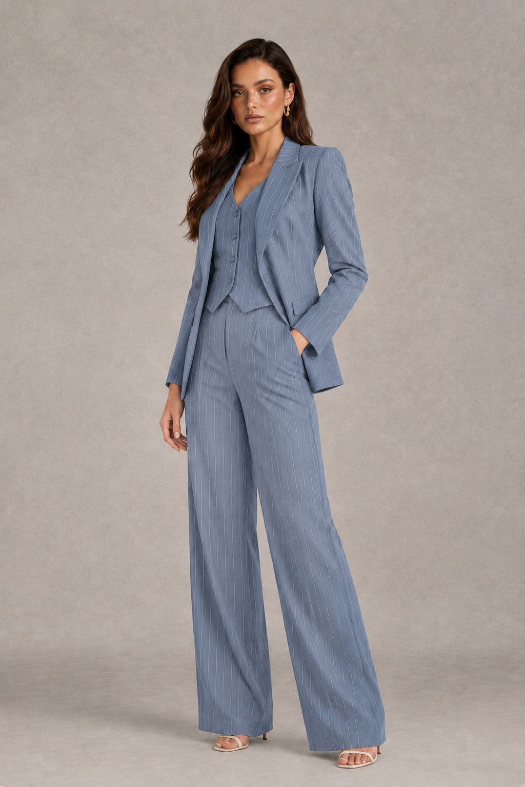 BOLODOO Women's Dusty Blue Pinstripe Three-Piece Pantsuit with Wide-Leg Trousers - Dusty Blue - Dusty Blue_03