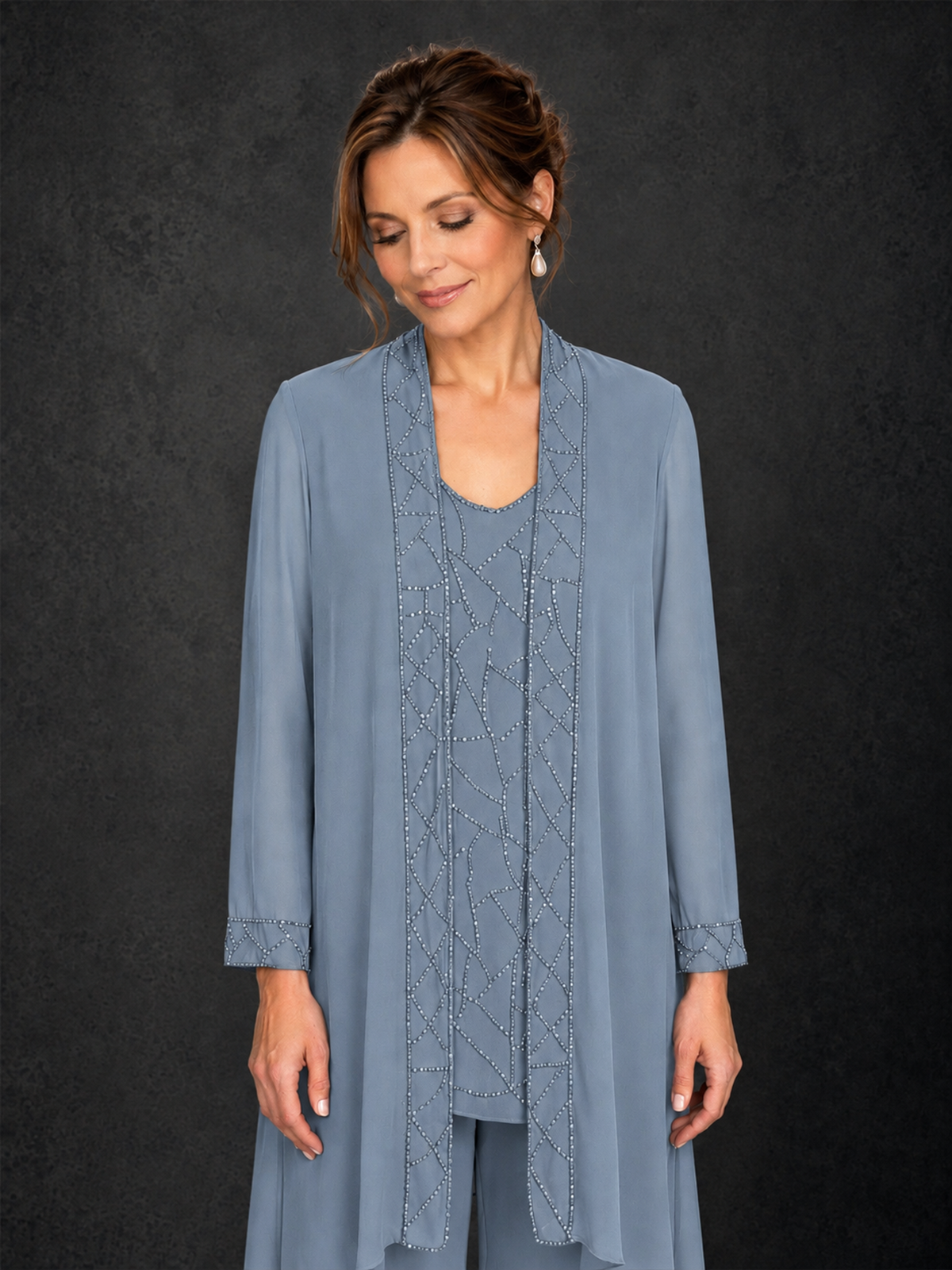 BOLODOO Dusty Blue 3-Piece Beaded Chiffon Duster Jacket Pant Suit - Dusty Blue - Dusty Blue_03