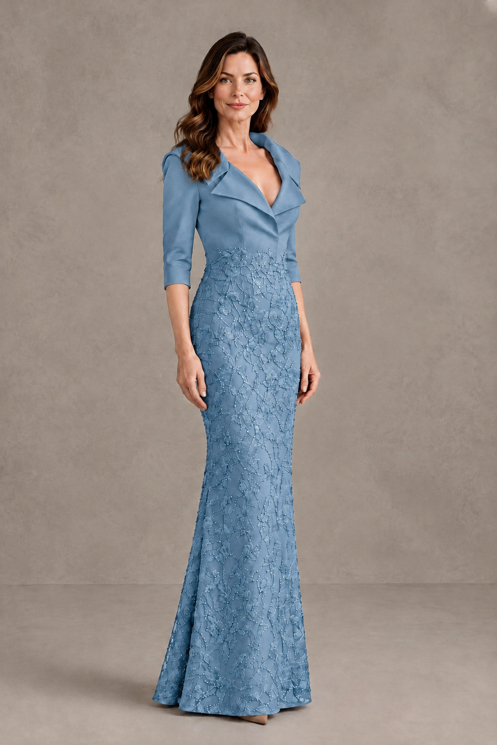 BOLODOO Dusty Blue Three-Quarter Sleeve Mermaid Evening Dress with Floral Detail - Dusty Blue - Dusty Blue_03