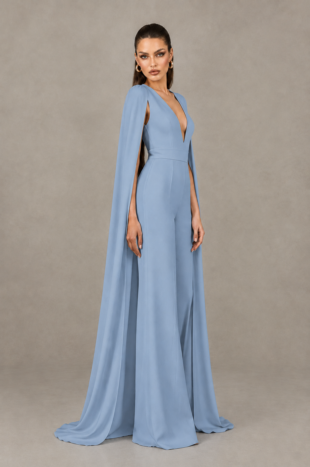 BOLODOO Dusty Blue Deep V-Neck Cape Sleeve Bridal Jumpsuit - Dusty Blue - Dusty Blue_03