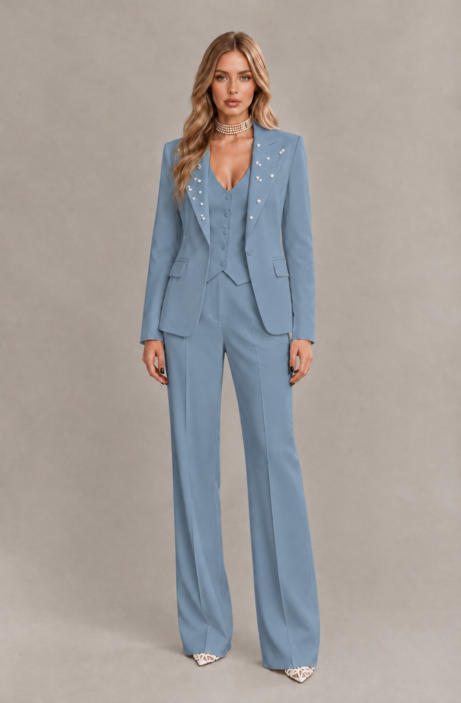 BOLODOO Dusty Blue Women's Three-Piece Pantsuit with Blazer & Vest - Dusty Blue - Dusty Blue_03