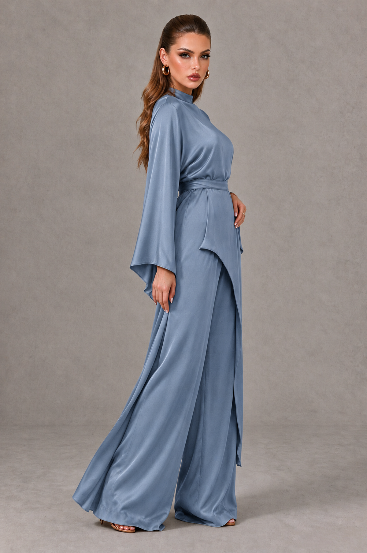 BOLODOO Dusty Blue Satin-Look Long Sleeve Wide-Leg Jumpsuit - Dusty Blue - Dusty Blue_03