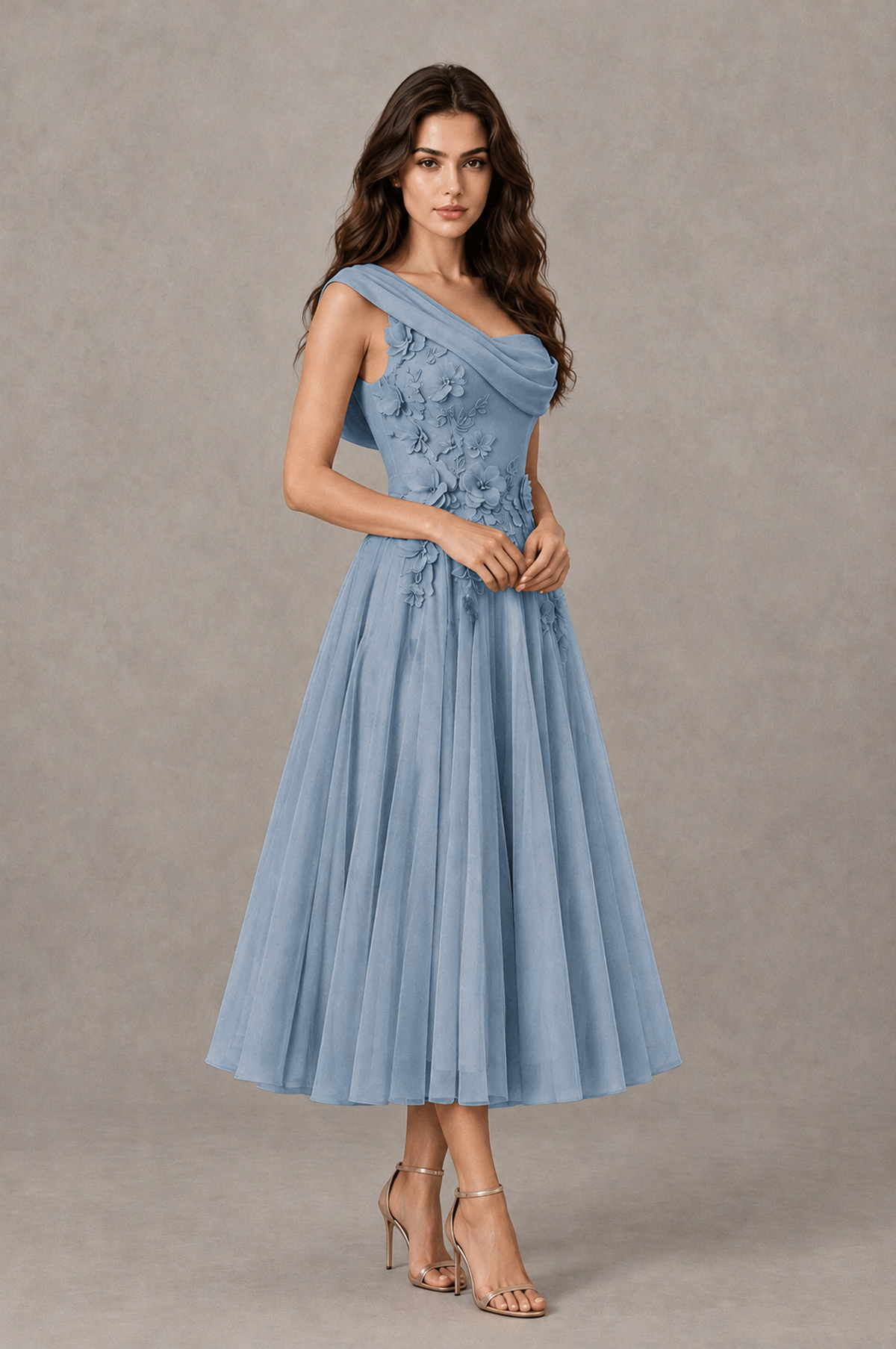 BOLODOO Dusty Blue One-Shoulder Floral Tulle Tea-Length Dress - Dusty Blue - Dusty Blue_03