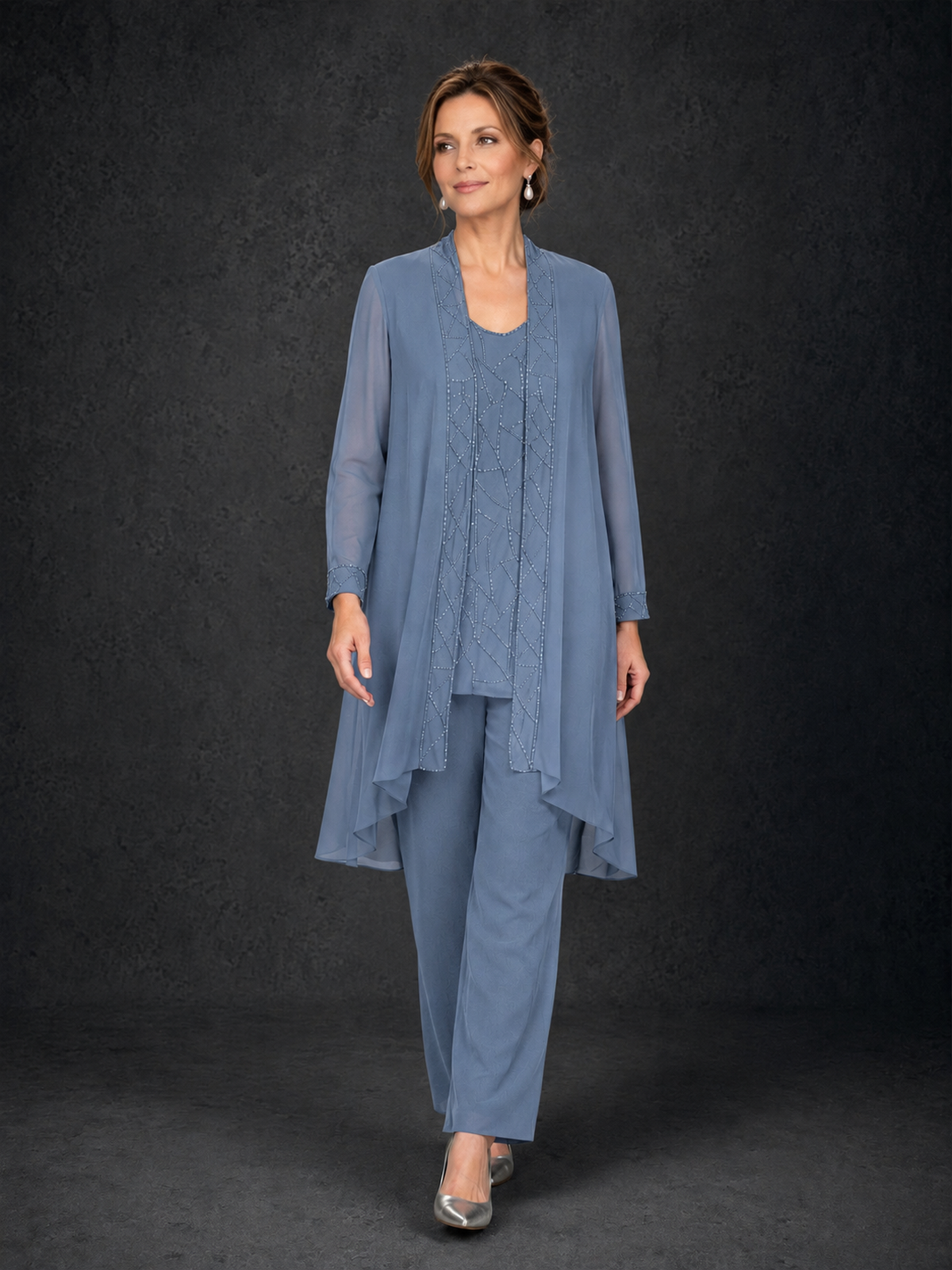 BOLODOO Dusty Blue 3-Piece Beaded Chiffon Duster Jacket Pant Suit - Dusty Blue - Dusty Blue_04