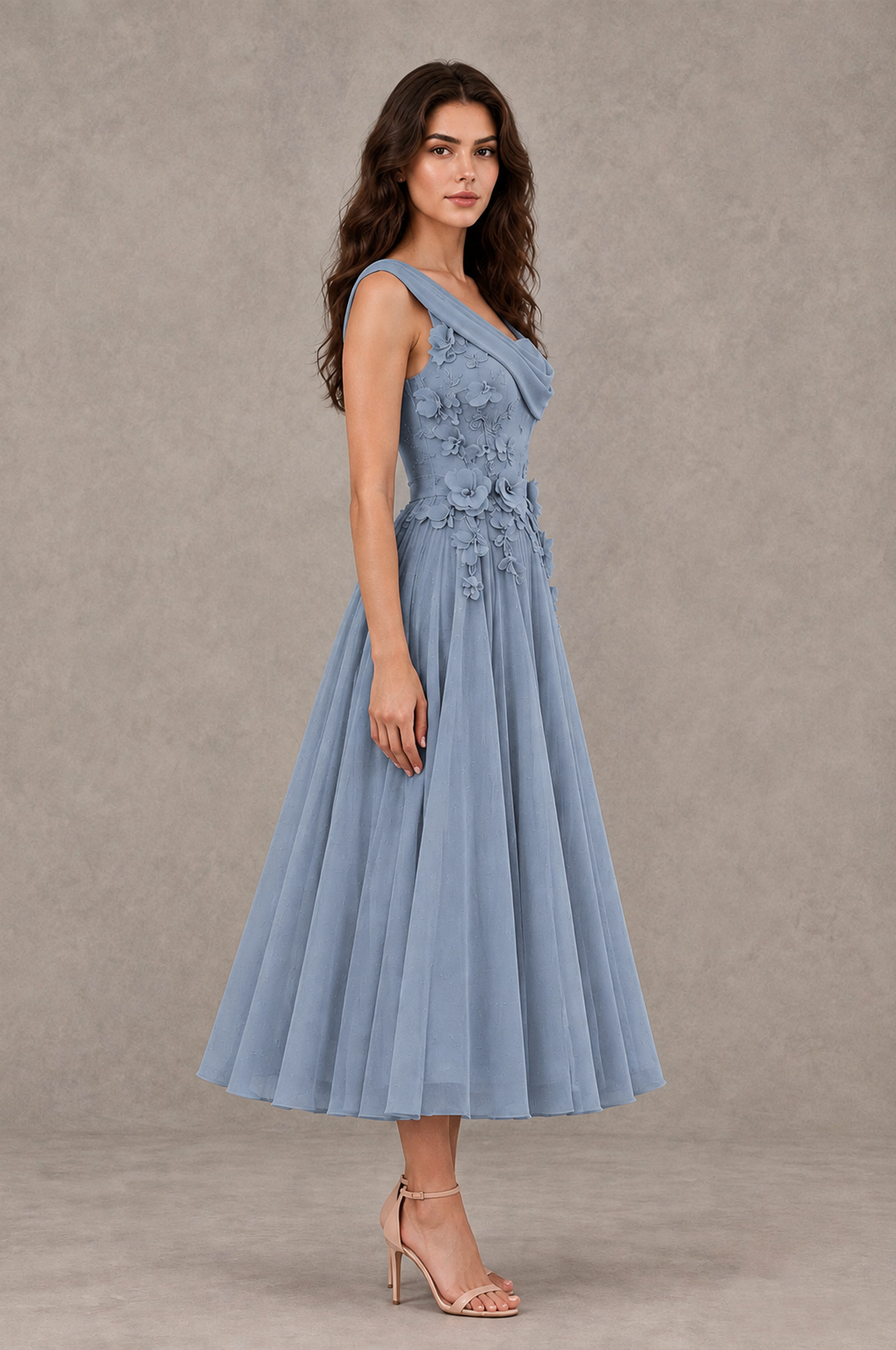 BOLODOO Dusty Blue One-Shoulder Floral Tulle Tea-Length Dress - Dusty Blue - Dusty Blue_04