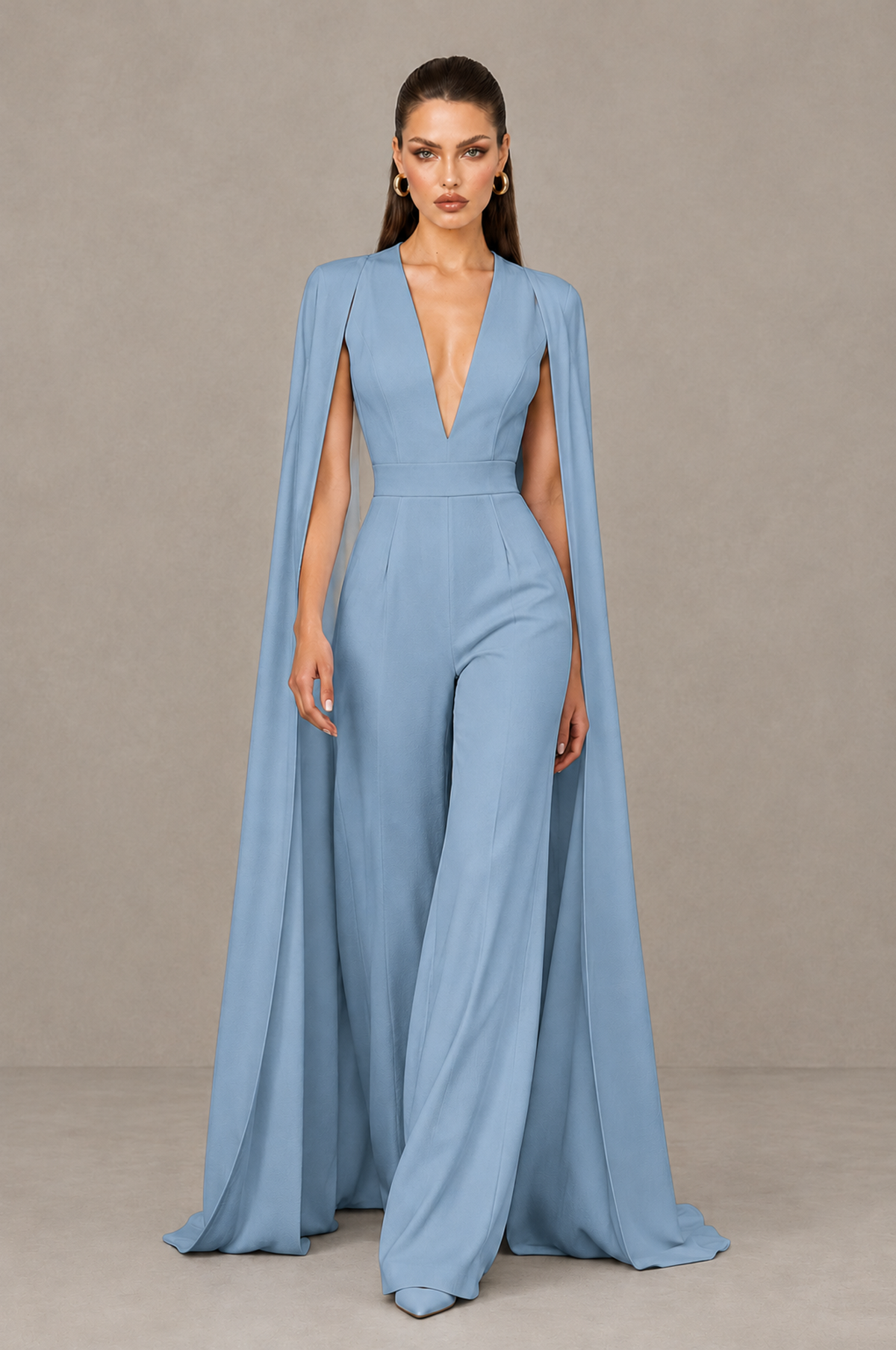 BOLODOO Dusty Blue Deep V-Neck Cape Sleeve Bridal Jumpsuit - Dusty Blue - Dusty Blue_04