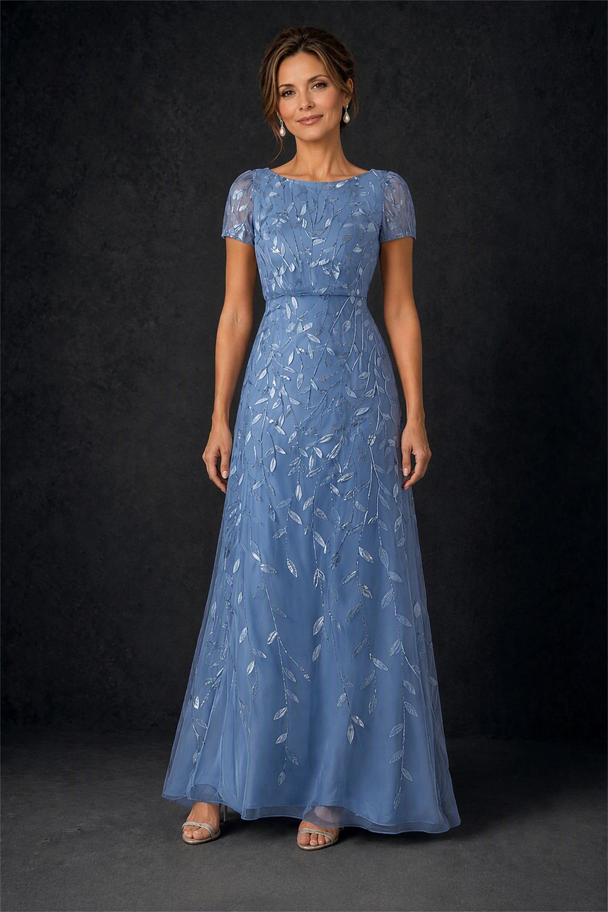 BOLODOO Dusty Blue Leaf Embroidered A-Line Formal Gown with Cap Sleeves - Dusty Blue