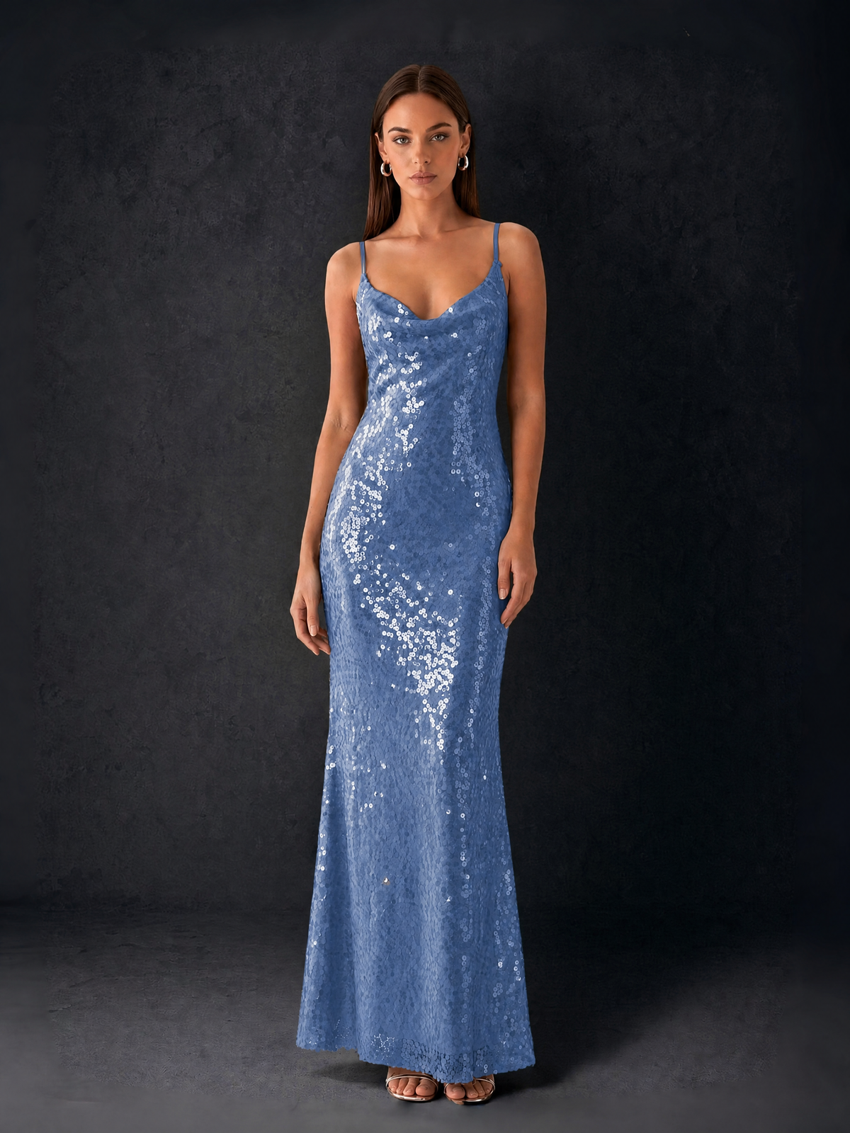 BOLODOO Bronze Sequin Cowl Neck Spaghetti Strap Mermaid Maxi Dress with Open Criss-Cross Back - Dusty Blue - Dusty Blue